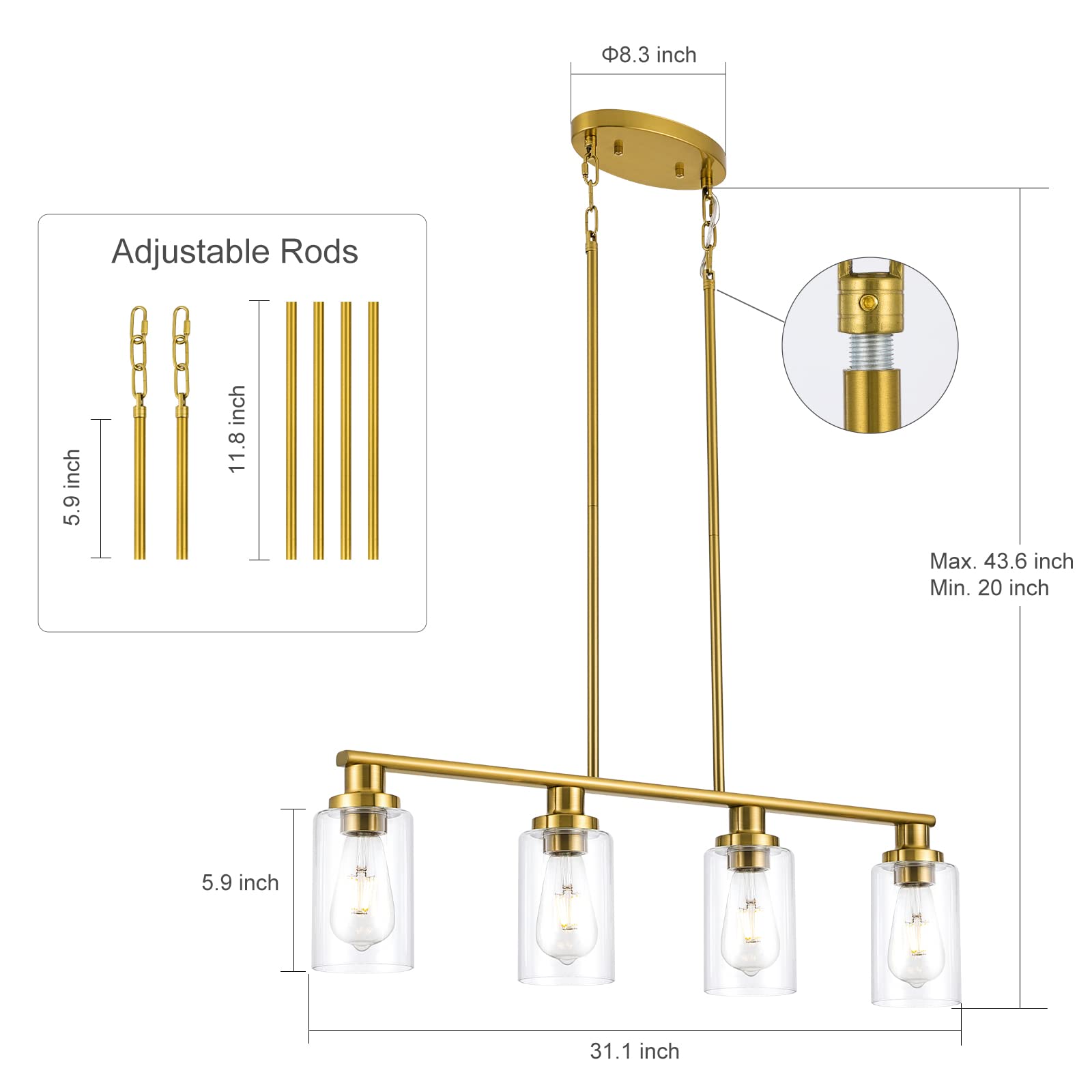 KPIOK 4-Light Gold Linear Chandelier - Adjustable Kitchen Island Pendant Light with Clear Glass Shade, Model BB003P-4AGB
