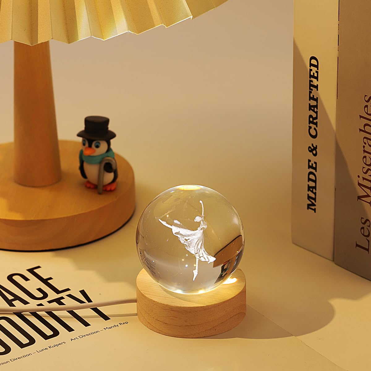 hochance 3D Dancer Crystal Ball Lamp, LED Night Light with Adjustable Brightness, 6cm, Wooden Base, Ideal for Home Decor, Kids & Adults