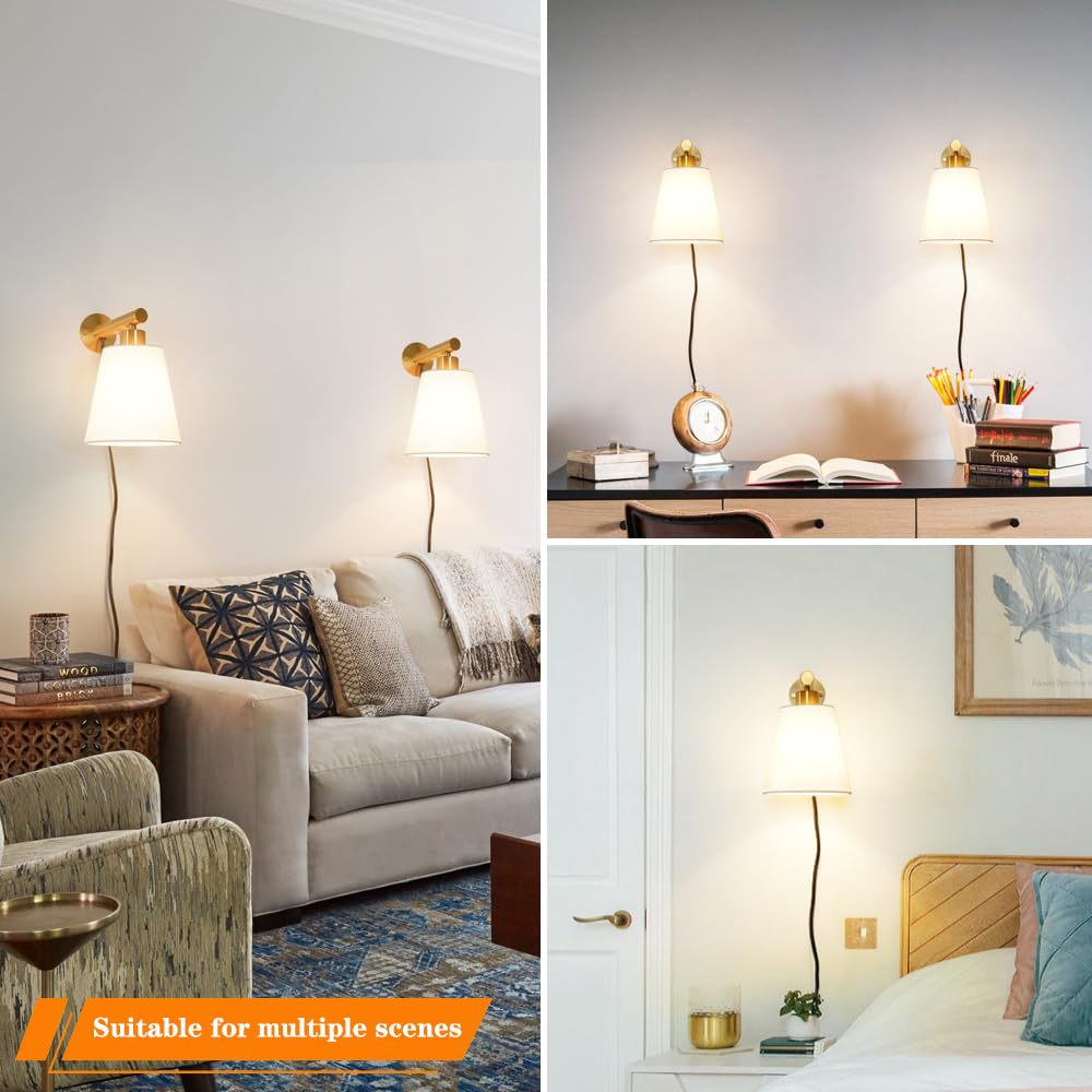 OIYIO Gold Plug-in Wall Sconces Set of 2, Fabric Linen Shade, Model 240910, Bedroom & Living Room Wall Lights