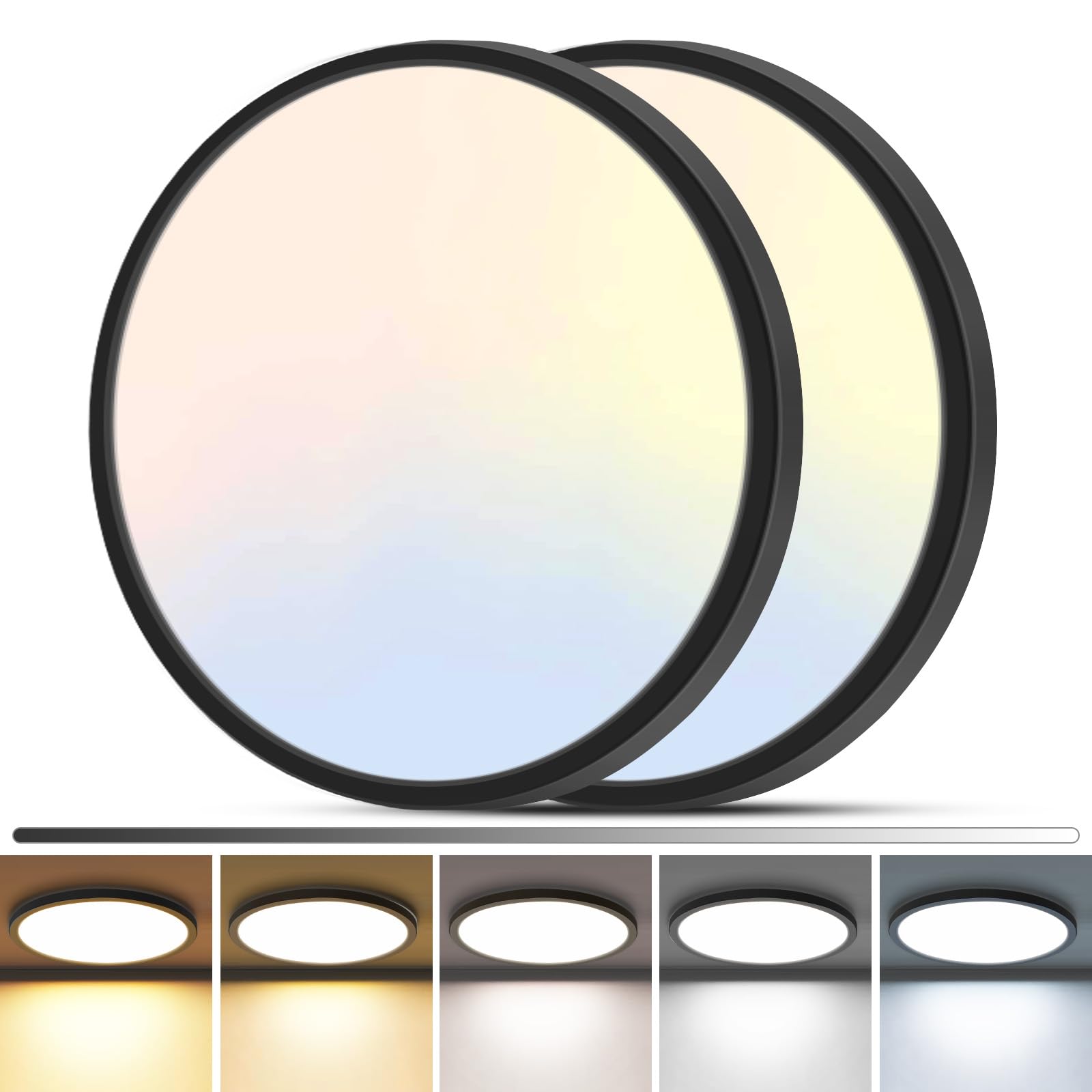 zemty 2Pack LED Flush Mount Ceiling Light  12Inch 24W Dimmable Ceiling Lights Fixture  5 Color Temperatures (3000K-6500K) Black Round Ceiling Lamp for Bedroom  Kitchen  Hallway Bathroom