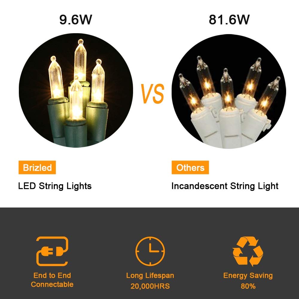 Brizled Mini Christmas Lights, 100 LED String Light, 33ft, UL Certified, Warm White, Energy Saving Fairy Light for Indoor & Outdoor Use