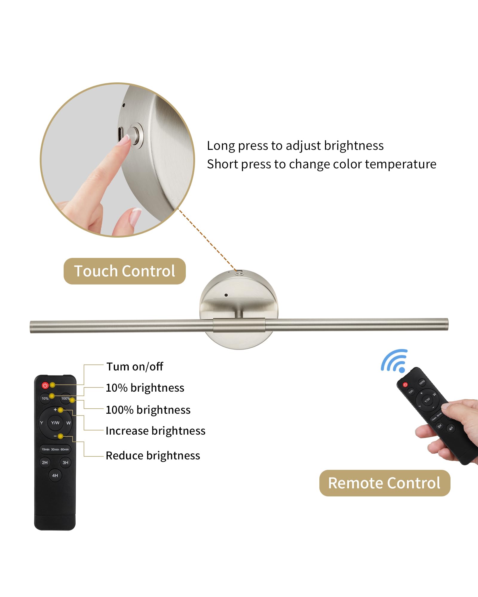 32 Inch Battery Operated Wall Sconce Set of 2 - Wireless, Rechargeable, Dimmable, 3000K-6000K, Remote, Touch Control, Timer, 350