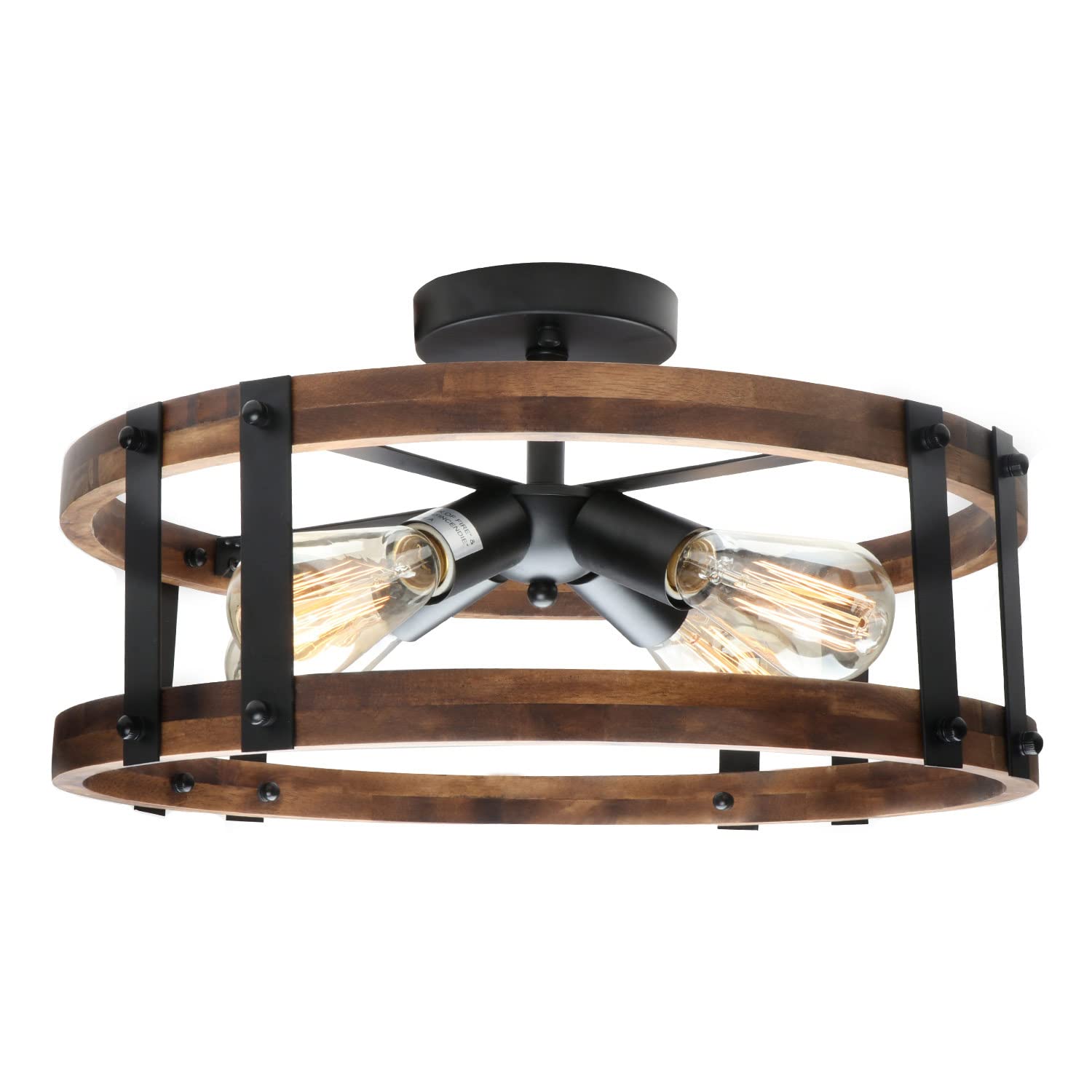 Voguad Semi Flush Mount Ceiling Light, Wood Drum Design, Brown, Rustic Style for Hallway, Entryway, Laundry Room, Bedroom