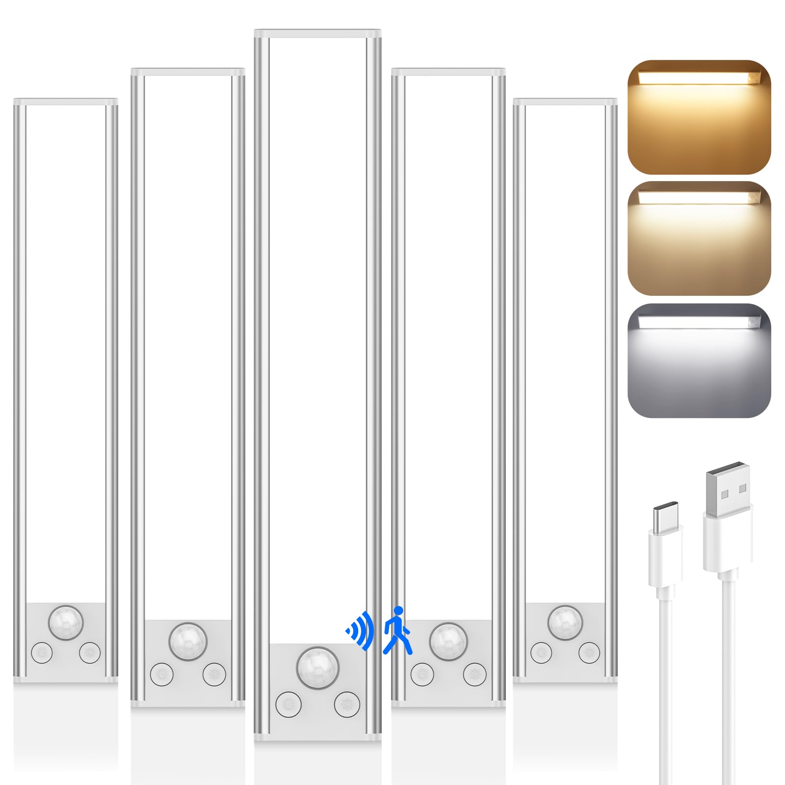 12in Under Cabinet Lighting, 2500mAh Rechargeable Battery Operated Closet Lights with 3 Color Tempers 108 LED, Wireless Motion Sensor Lights Indoor, Dimmable Lights for Kitchen, Hallway, 5-Pack