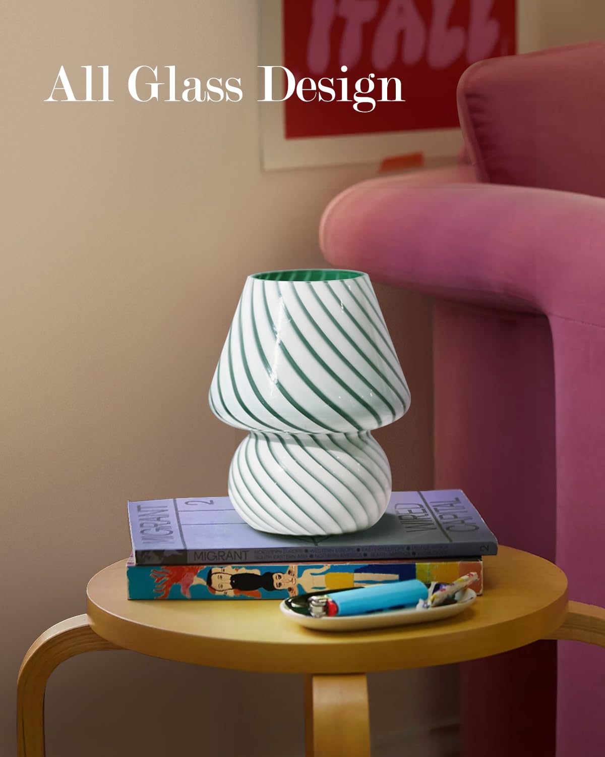ONEWISH Mushroom Lamps Set of 2 - Small Table Lamp with Striped Glass, Nightstand Lamp for Bedroom, Living Room, Cafe, Office, B