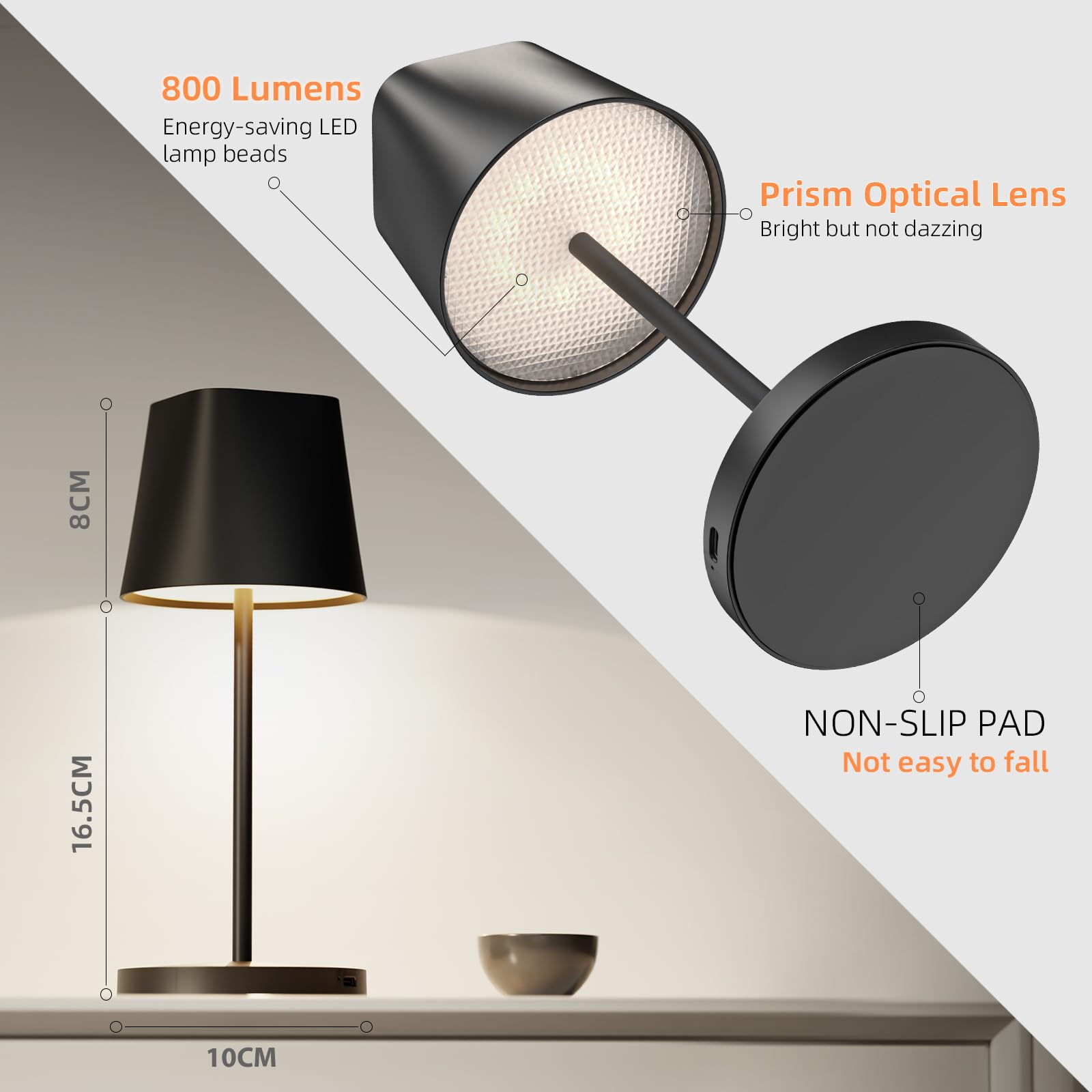 Quntis Cordless Led Table Lamp Set Of 2, Touch Control, Rechargeable, Dimmable - Black