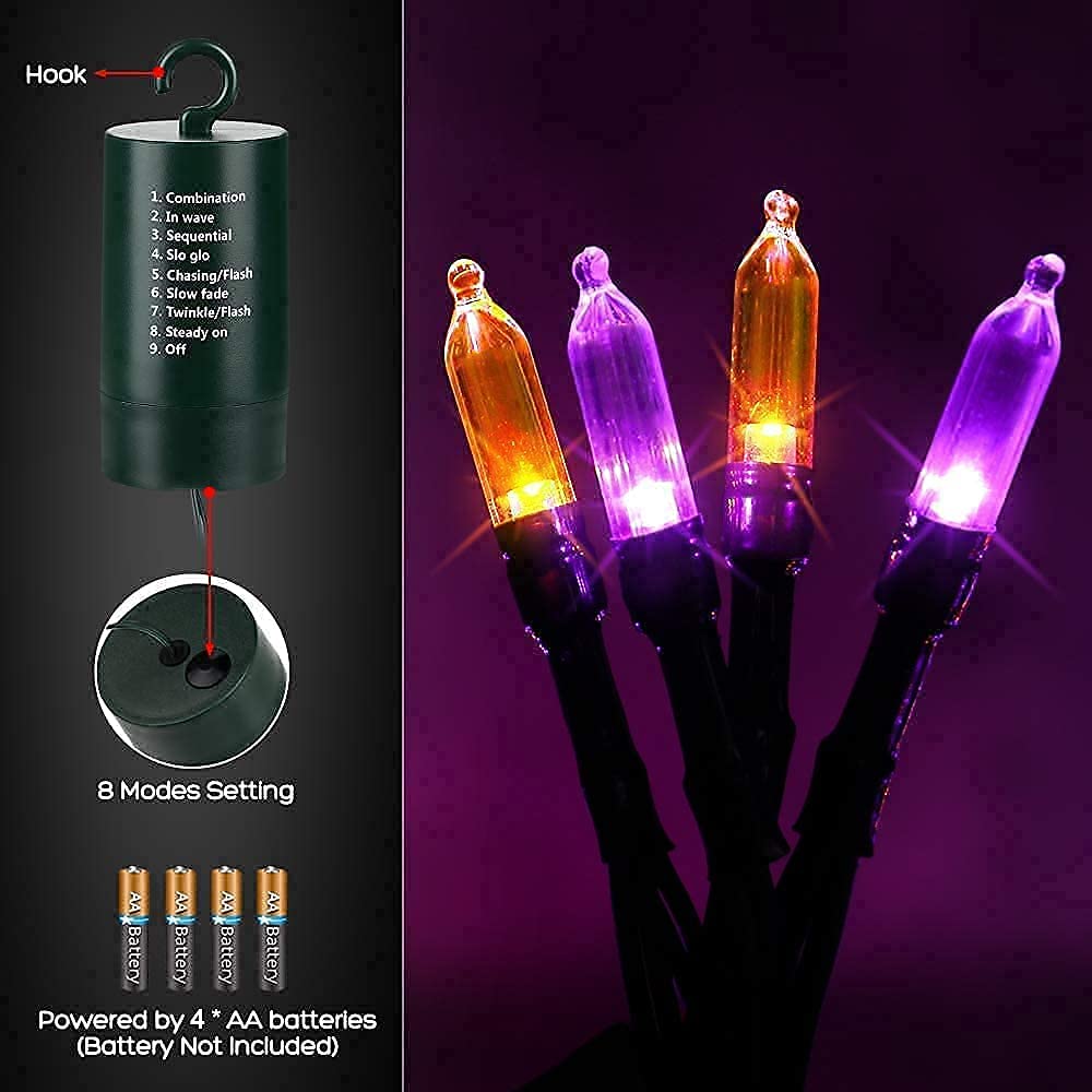 Joomer 33ft 100 LED Mini String Lights, Battery Operated, Waterproof, 8 Modes, Orange Purple for Halloween Decorations