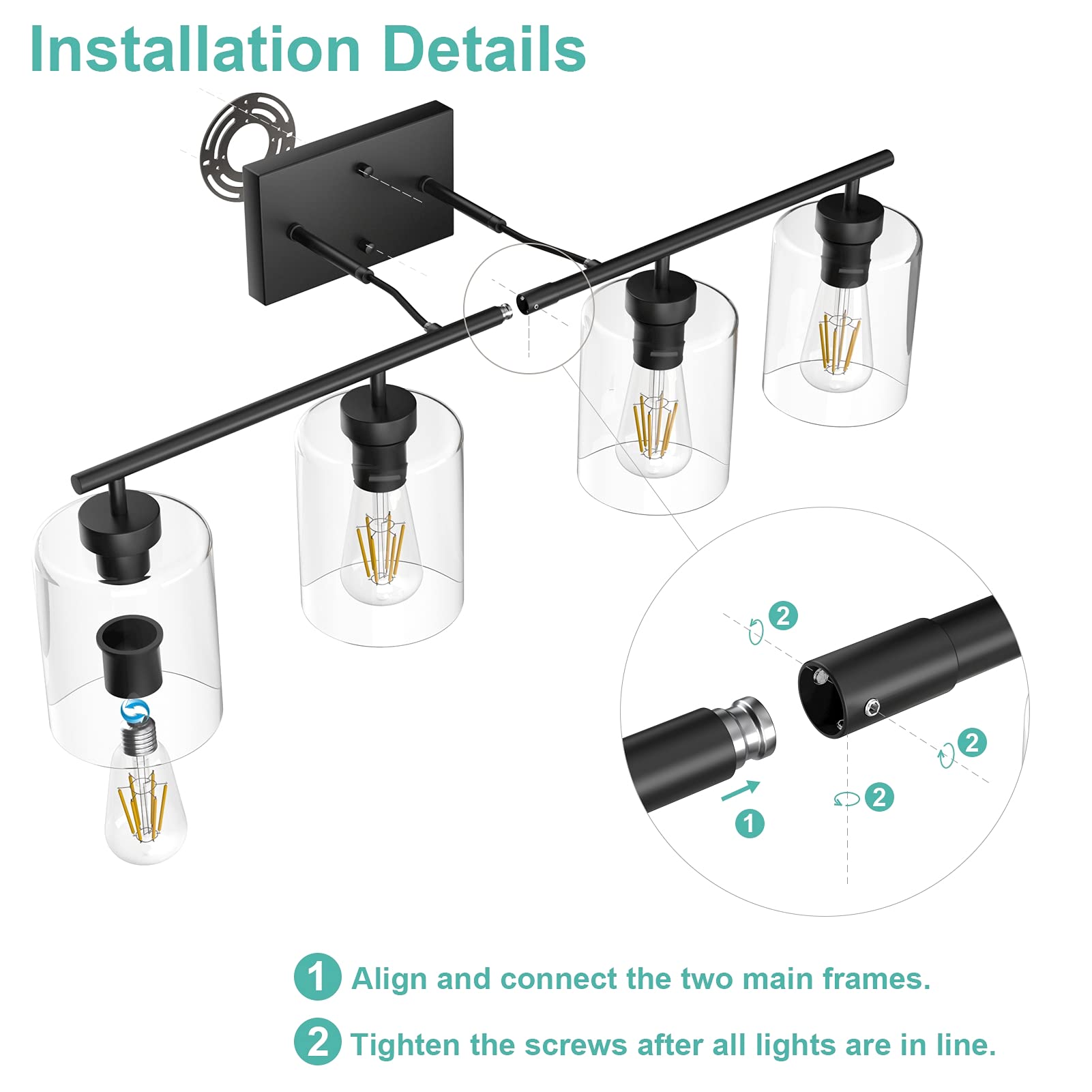 Aipsun Black Bathroom Vanity Light Fixture - 4 Lights, Clear Glass Shades, 31 Inch, Model 2083-4T