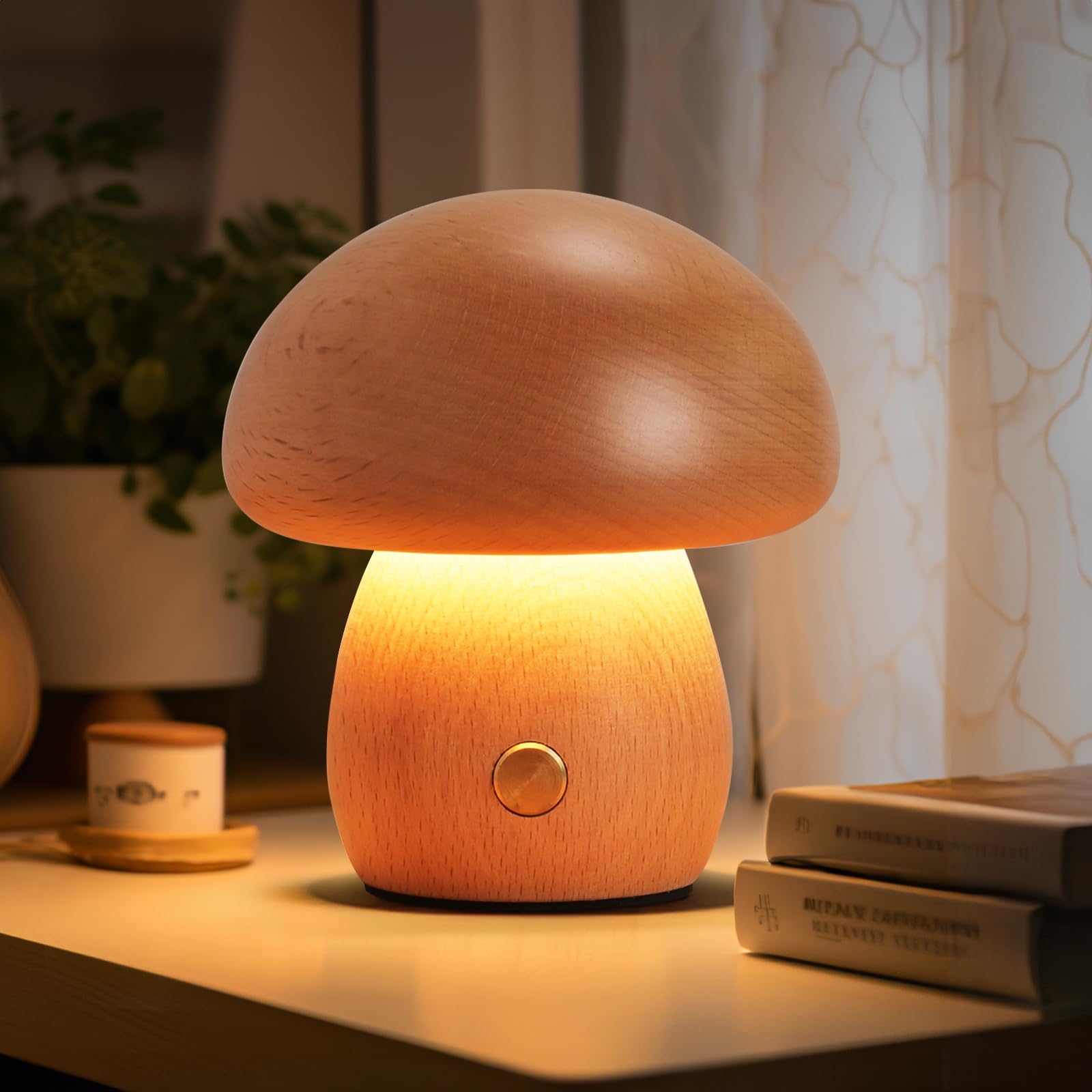 Lonrisway Wooden Mushroom Lamp, Portable Cordless Small Lamp, Rechargeable Battery Operated Lamp,Stepless Dimming, Night Light For Birthday Gifts, Brown