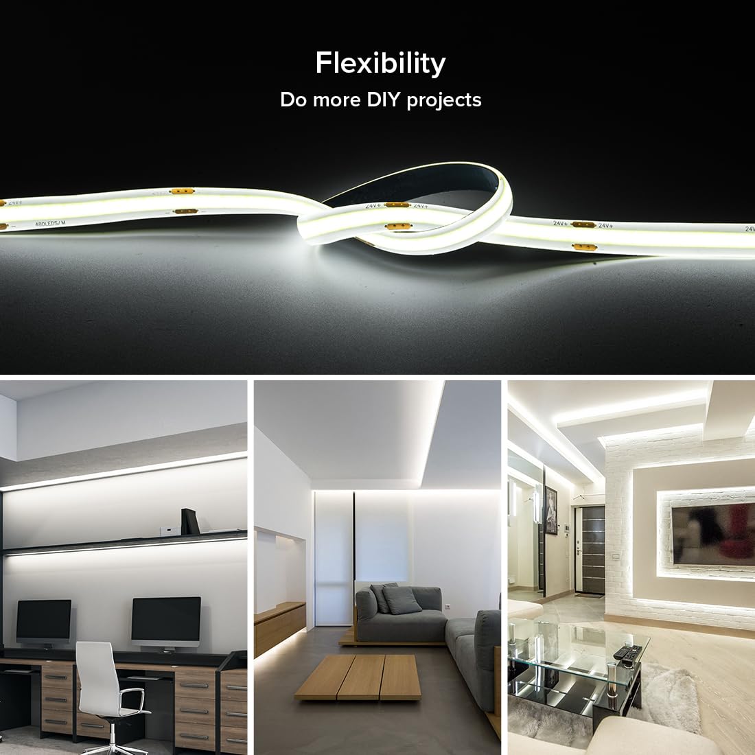 FCOB COB LED Strip Light 16.4FT IP65 Waterproof DC24V 320LEDs/m Daylight White Dimmable, Model FCOB5M24V8MM320