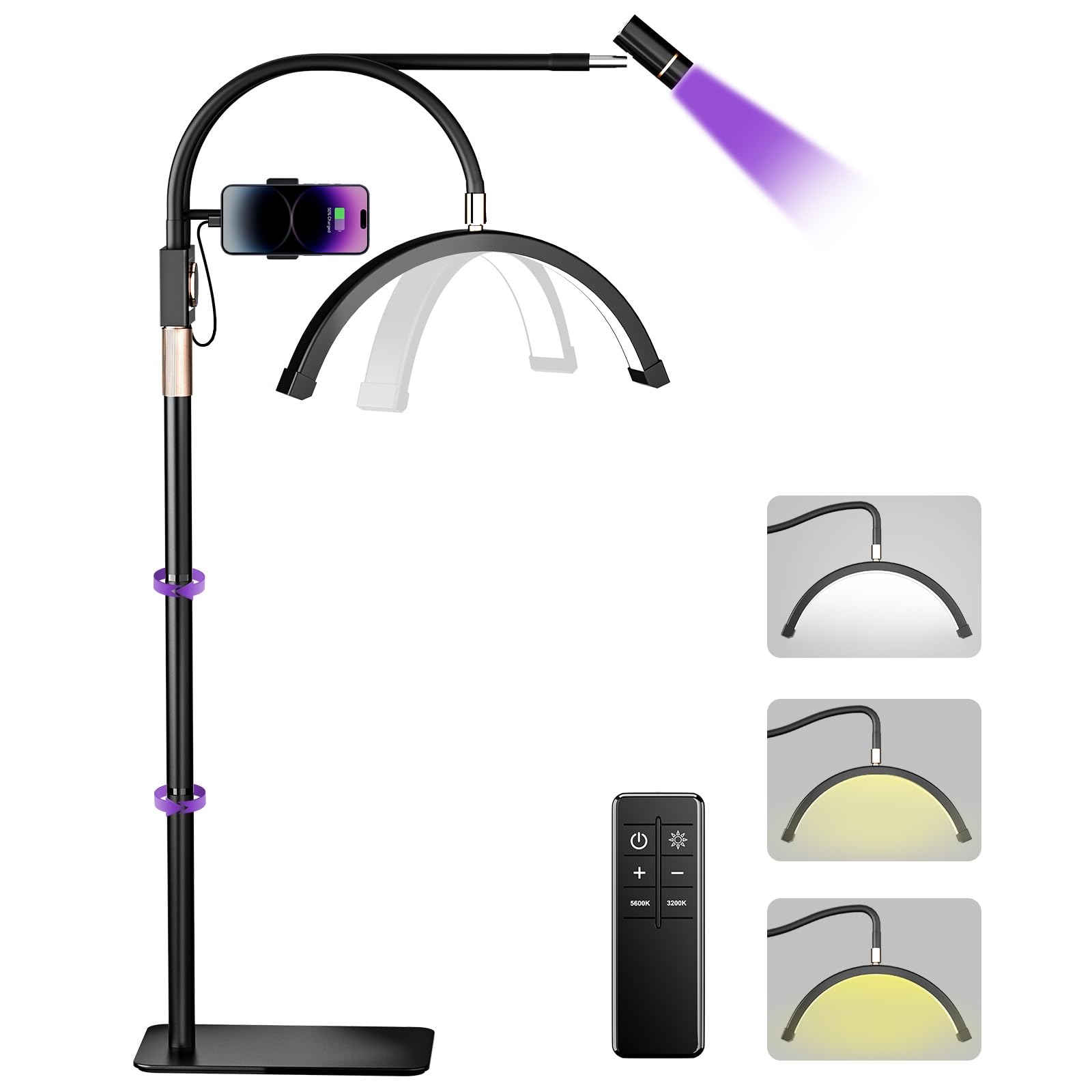 BeeMingle Lash Lamp Half Moon Light for Eyelash Tech with 3 Color Temperature, Lash Lamp with UV Light, LED Floor Lamp for Tatto