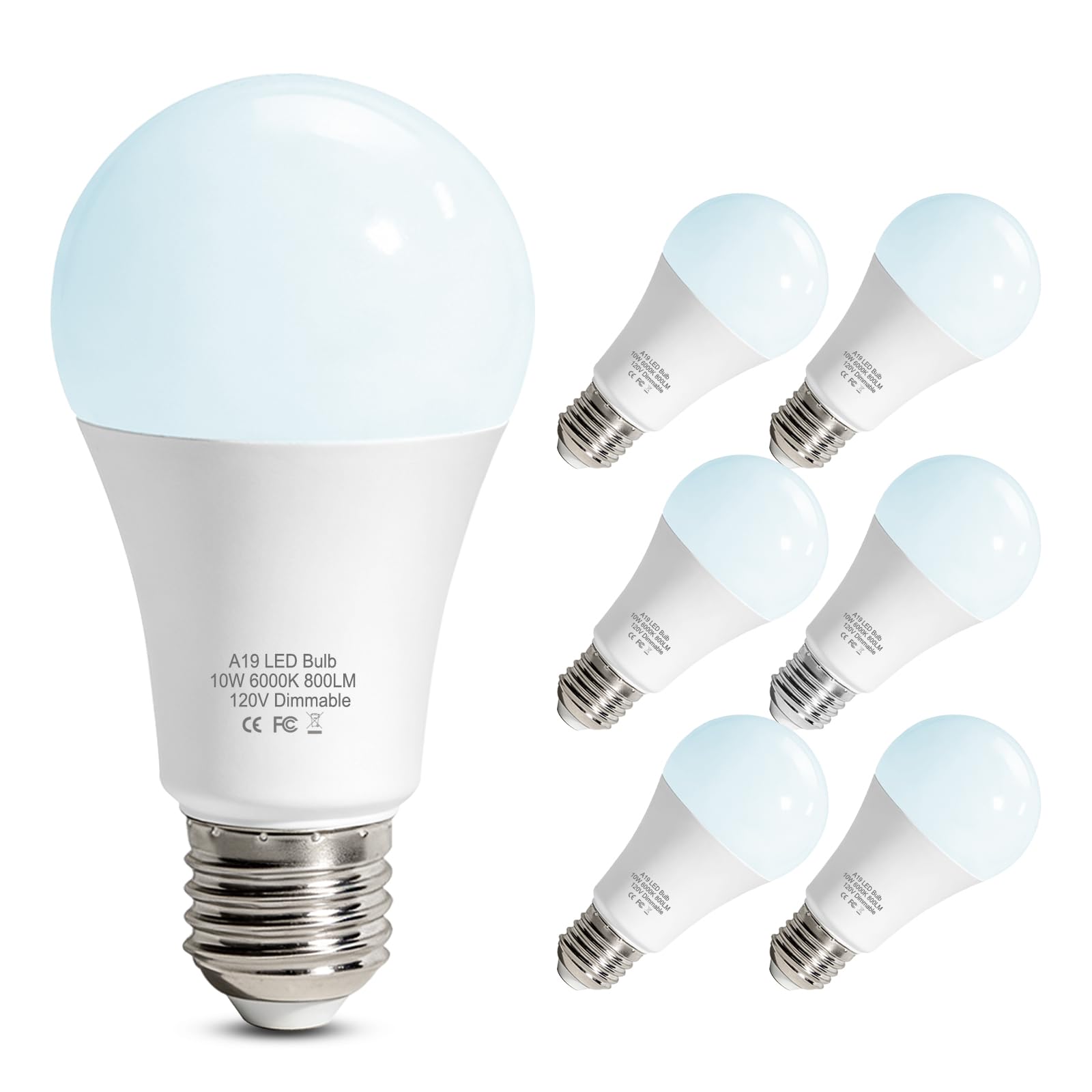 LEDBEFINE 10W LED Light Bulbs Dimmable Daylight White 6000K 60W Equivalent, Energy Efficient A19 LED Bulb E26 Base 800 Lumens, 2