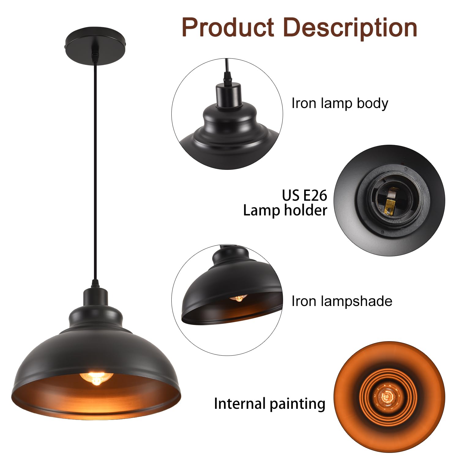 Pendant Lighting Vintage Industrial Fixtures, Farmhouse Pendant Lamp, Hanging Light Fixtures With Metal Shade (Black Inside), In