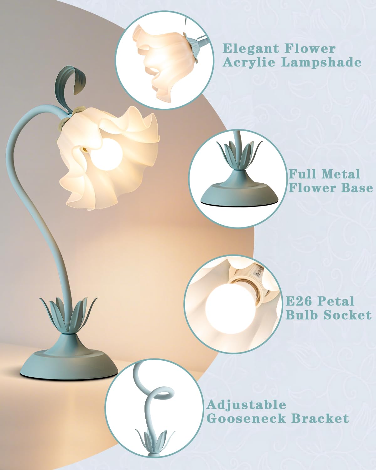 Werfop Flower Desk Lamp  Cute Vintage Reading Table Lamp For Bedroom  Small Bedside Nightstands Light With 3 Color Modes  Kawaii Decor For Dorm Living Room Office (Powder Blue)