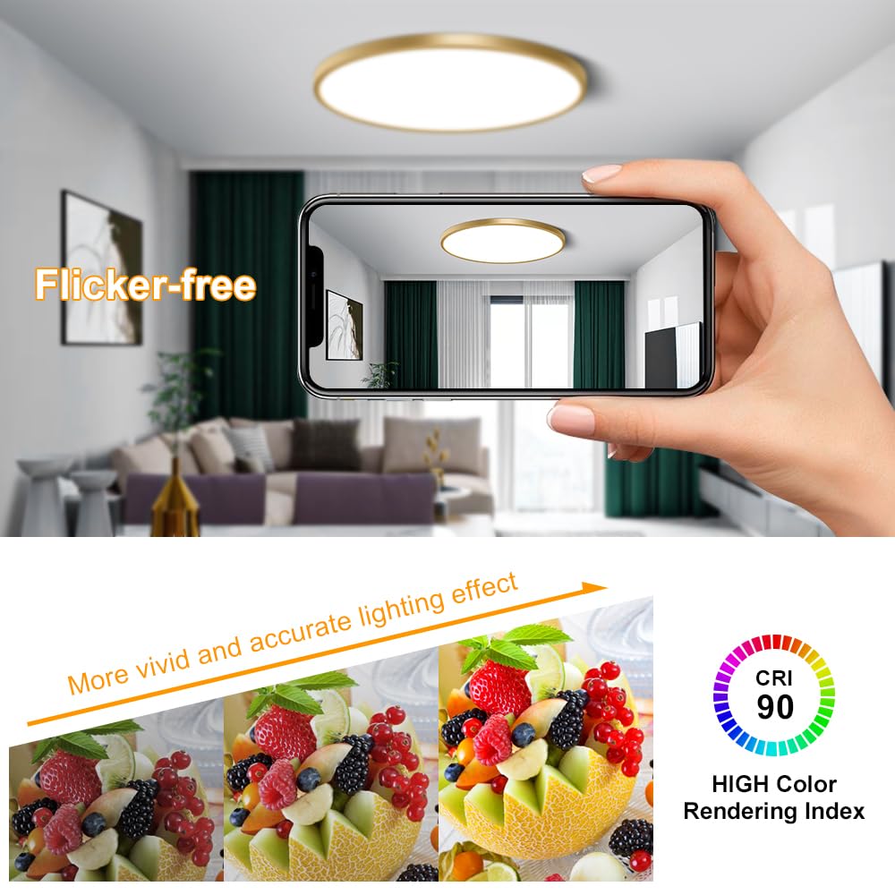 Fletergib 15.7 Inch Gold Flush Mount Ceiling Light Fixture, 5000K Daylight White, 32W 3800Lm Bright Led Ceiling Light, Flat Round Light Fixtures Ceiling Mount For Bedrooms Living Rooms