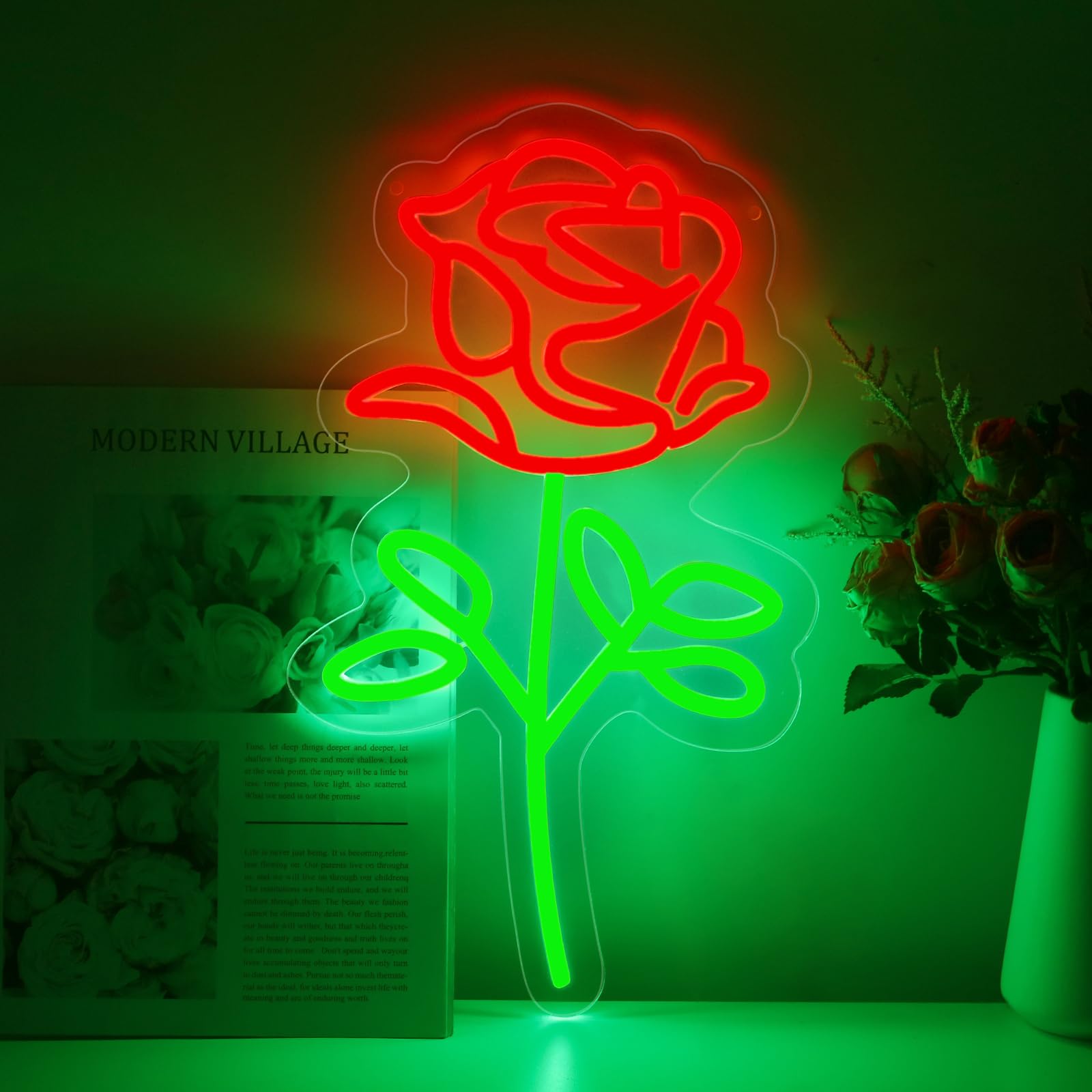DMDMBSR LED Neon Light Sign - Red Rose Flowers, USB Dimmer, Acrylic Back Panel, 15.7inx9.1in, Home Decor, Party, Wedding, Night Lamp