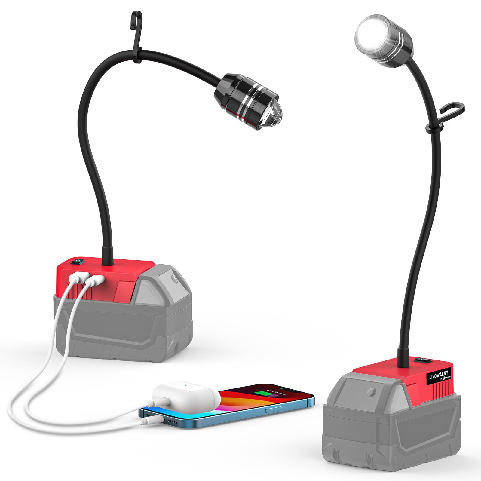 2Pcs Led Work Light For Milwaukee 18V Battery, 20W 2000Lm Led Light Flood Light, 12'' Flexible Gooseneck, Flashlight Battery Lig