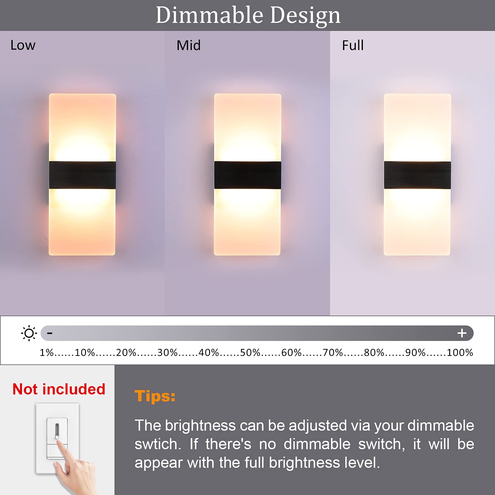 Lightess Modern Wall Sconce Set of 2, 12W LED Indoor Acrylic Lamp, Warm White, Black Cold White, Model 9930076-BJ