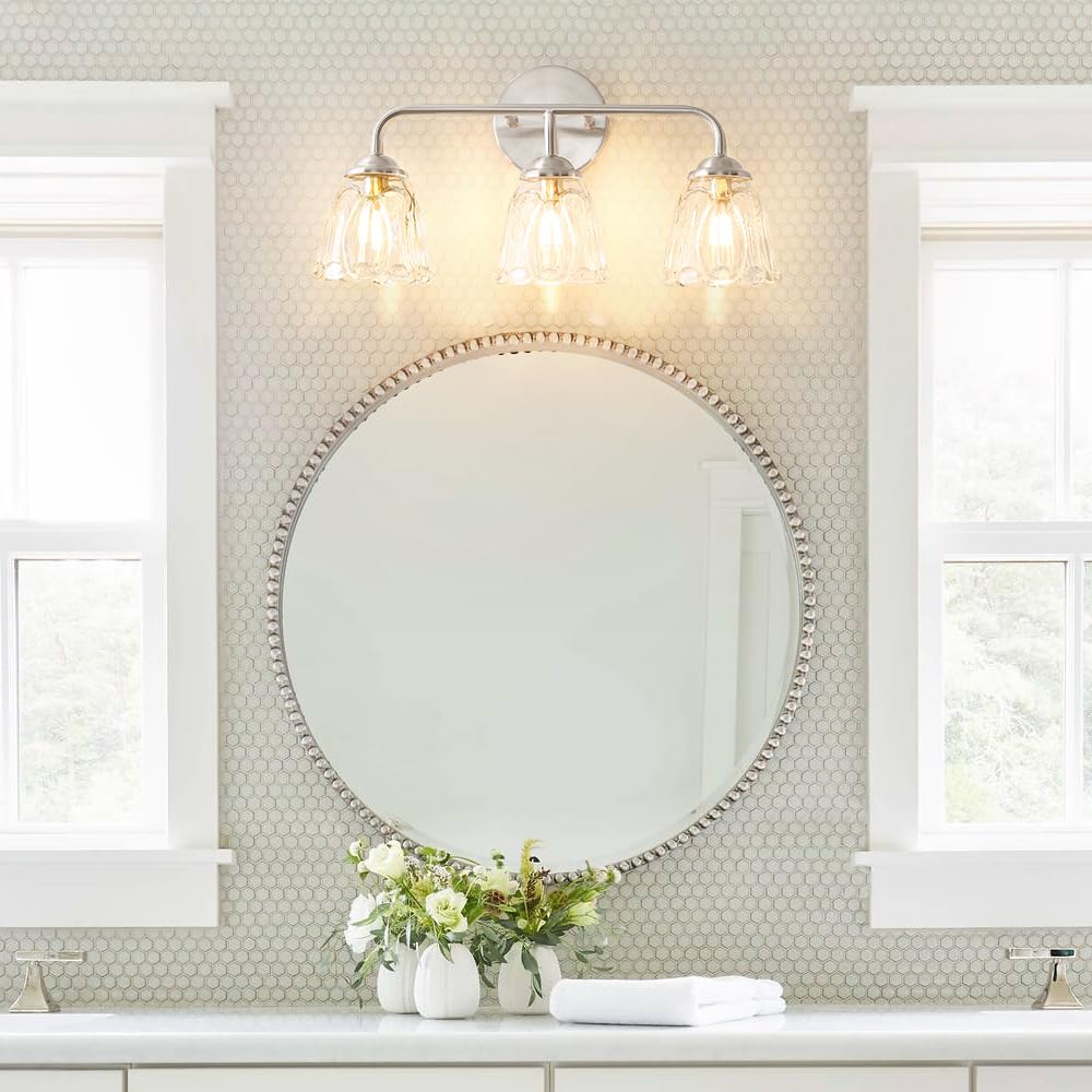 Daunton Vintage 3-Light Vanity Lighting For Bathroom, Elegant Bathroom Vanity Light With Flower Glass Shade, Nickel Bathroom Lig
