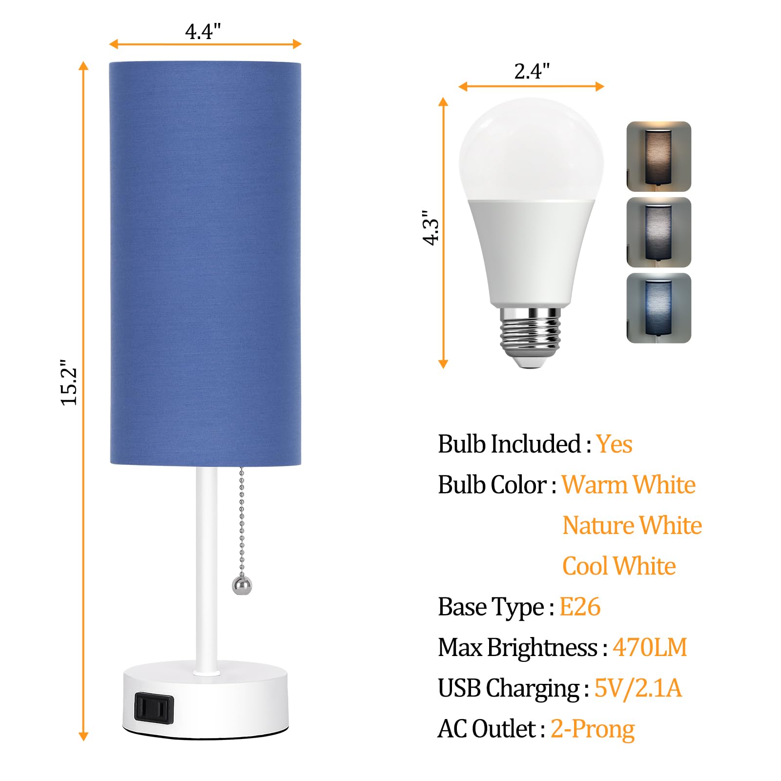 Dott Arts Table Lamp For Bedroom  3-Color Bedside Lamps With Pull Chain  Bedroom Table Lamps For Nightstand Ac Outlet Small Lamp For Living Room  Bulb Included Blue