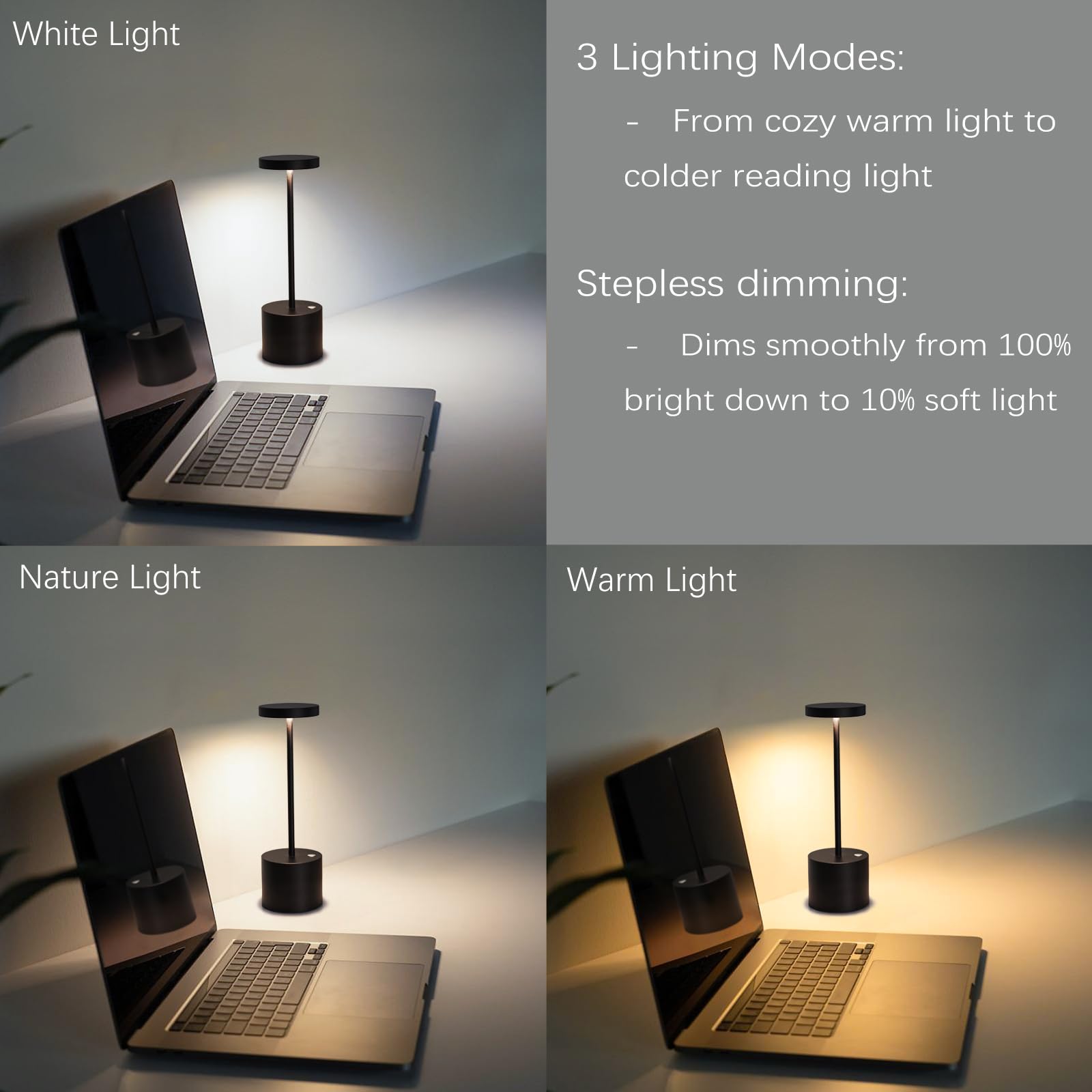 Barryca 2 Pack Cordless LED Table Lamp - 5000mAh Battery, Stepless Dimmable, Metal, Silver, Portable for Indoor/Outdoor Use