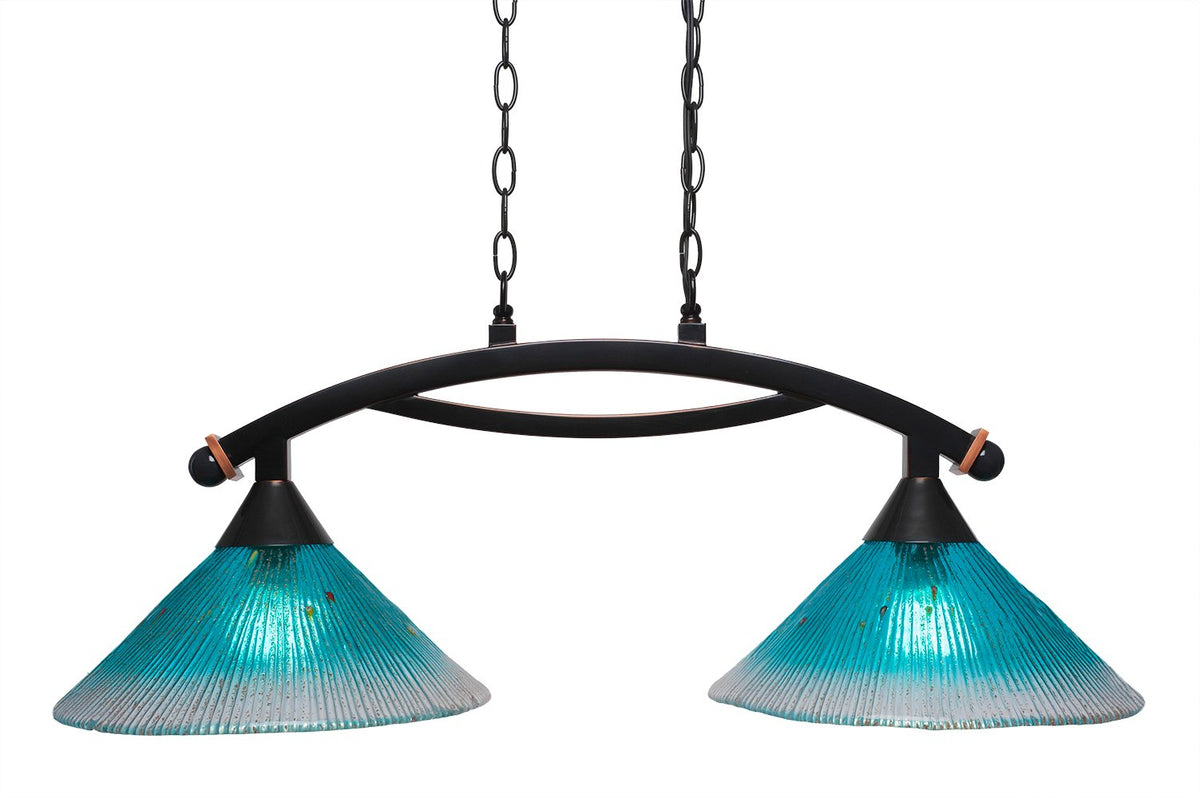 Toltec Lighting 872-BC-448 Bow 2 Light Island Light Shown with 12&quot; Teal Crystal Glass, Black Copper