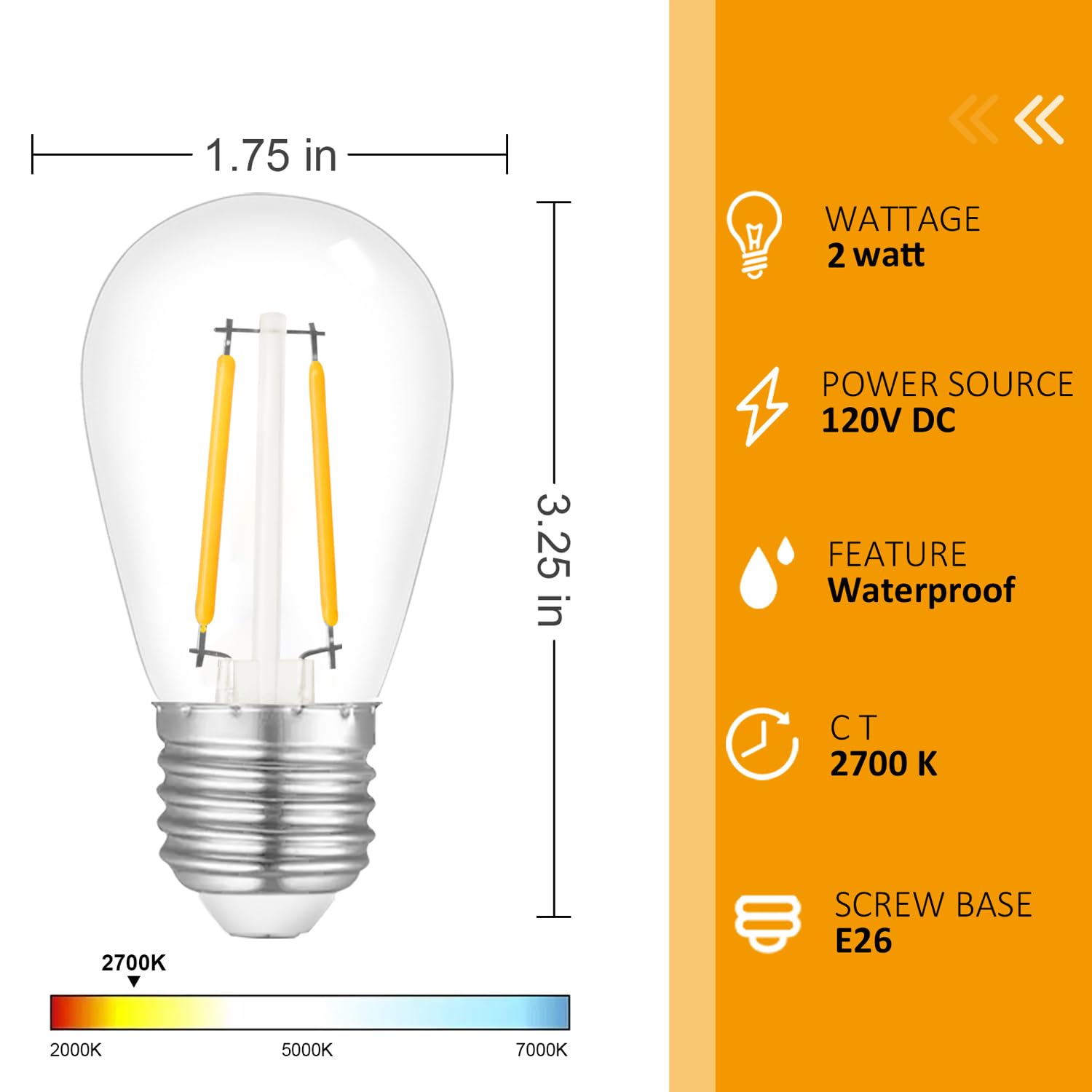 Jslinter 50-Pack 2W S14 Led String Light Bulbs, 120Lm, 2700K Warm White, Shatterproof