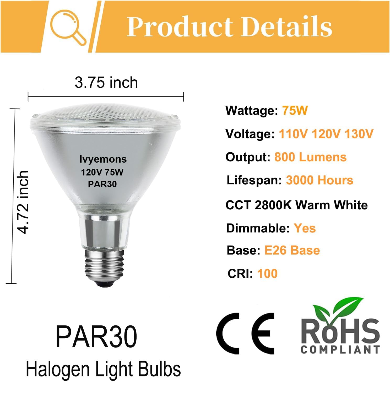 Ivyemons Par30 Long Neck Halogen 75W 120V - 2 Pack Par30 75W 120V Flood Bulb Warm White 2800K, Par 30 Dimmable E26 Base, High Ou