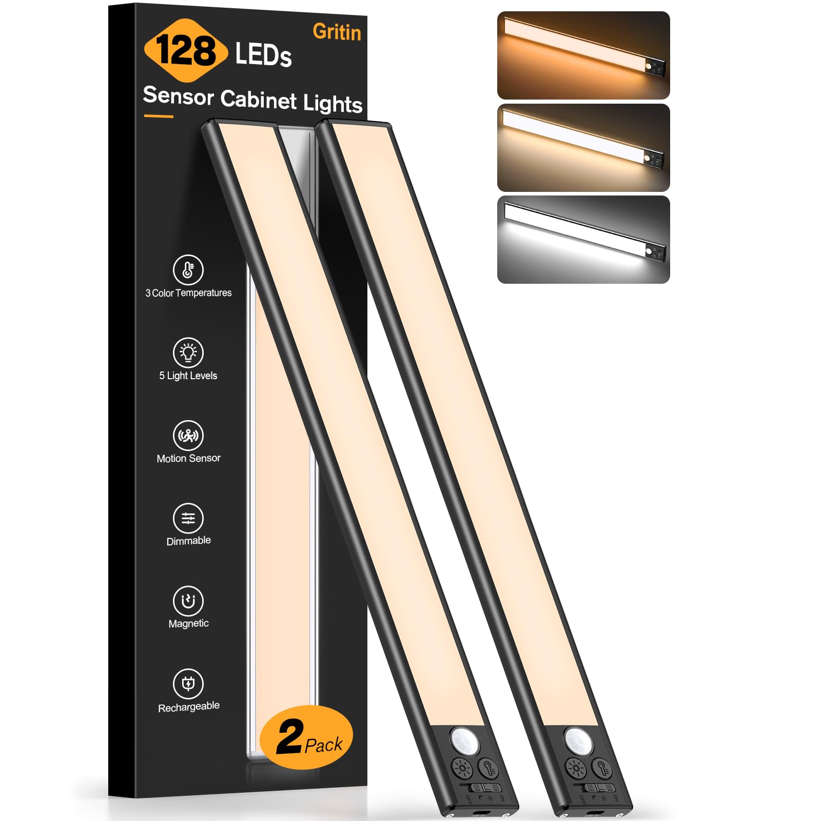 Gritin Under Cabinet Lighting - 128 LED, 3 Color Modes, Motion Sensor, 14.7 inch, Rechargeable, Black, Model G1358, 2 Pack