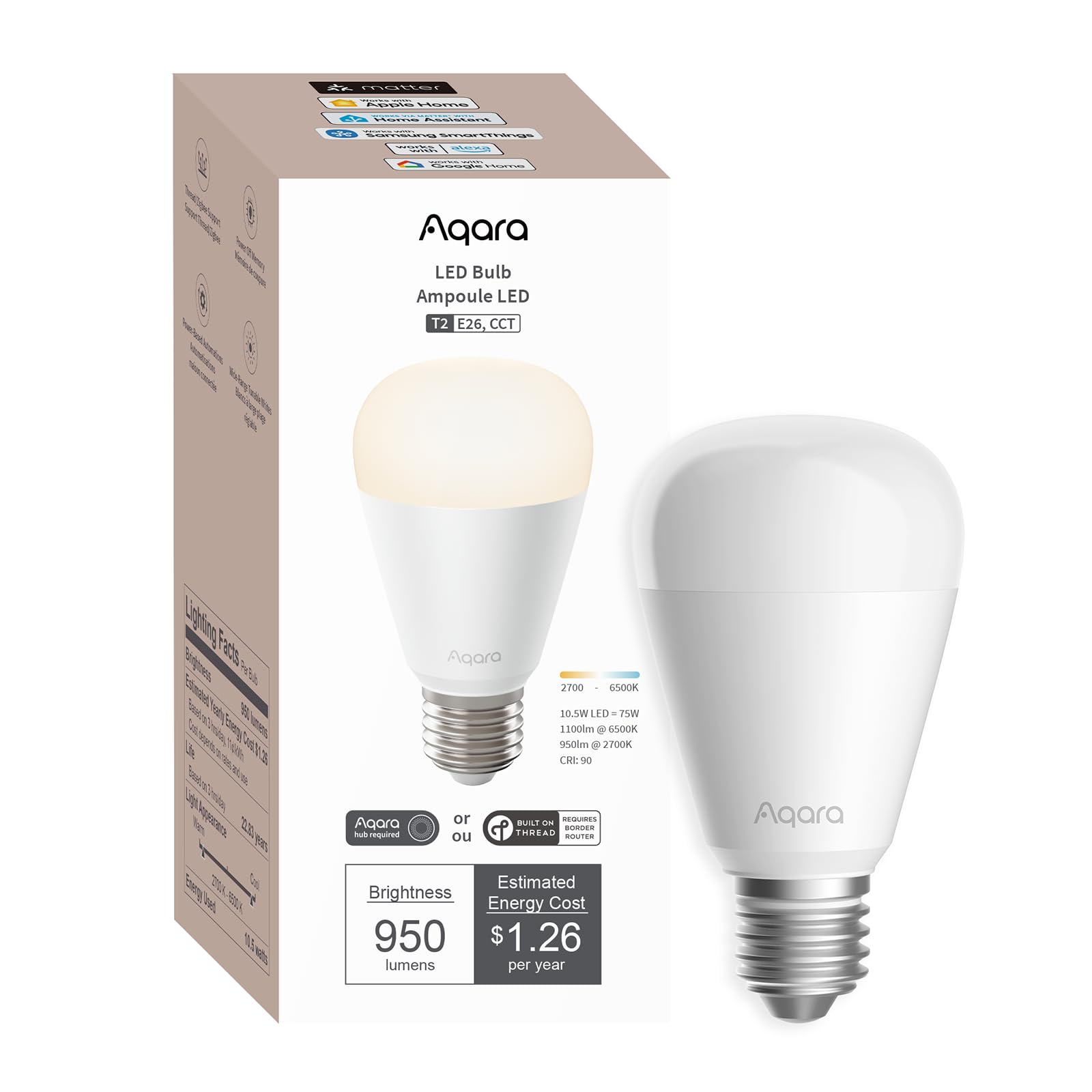 Aqara Thread/Zigbee Smart Led Light Bulb T2 E26, Tunable White (2700K-6500K), 75W Equivalent, Matter, Works With Homekit, Alexa,