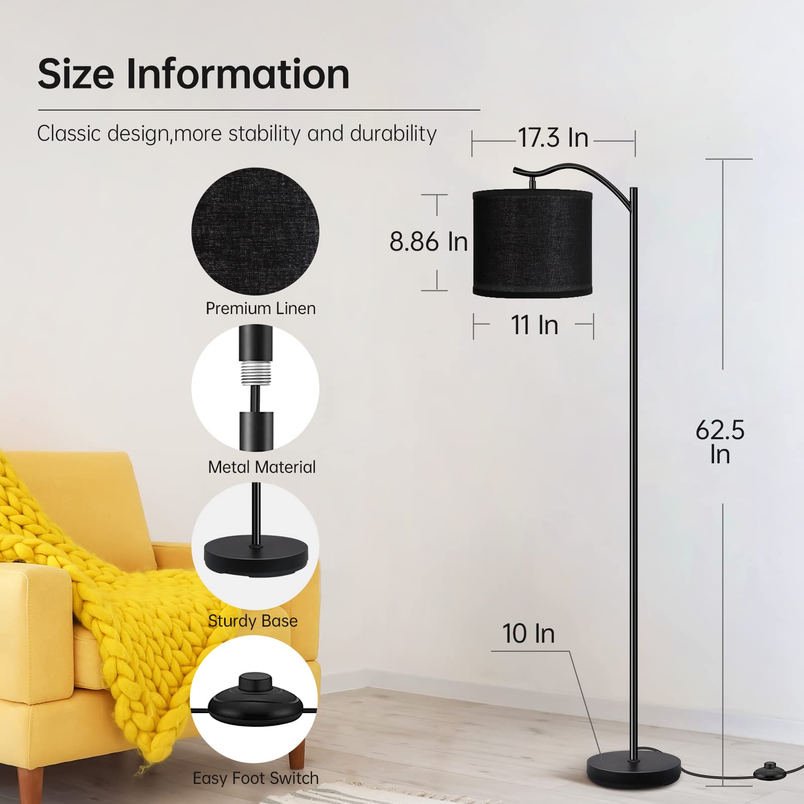 Floor Lamp For Living Room,Led Arched Floor Lamp,Tall Modern Standing Lamp With Black Linen Shade,E26 Socket, Footswitch,Montage