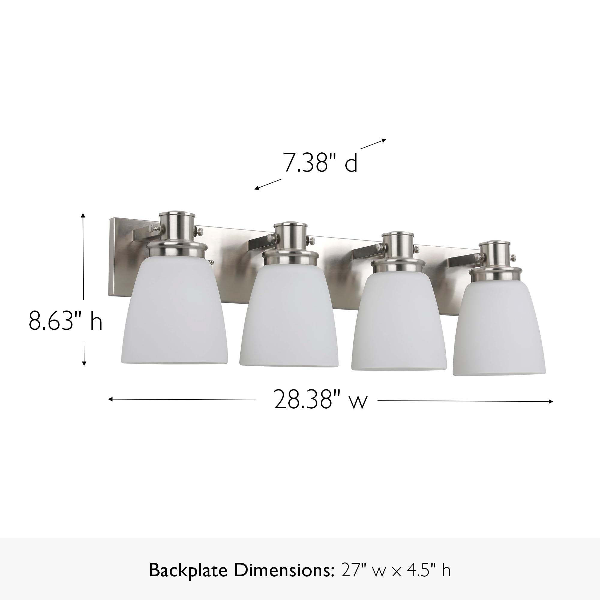 Design House 4-Light Vanity Light, Frosted White Glass, Dimmable, Satin Nickel, 28.4in L x 7.4in W x 8.6in H,