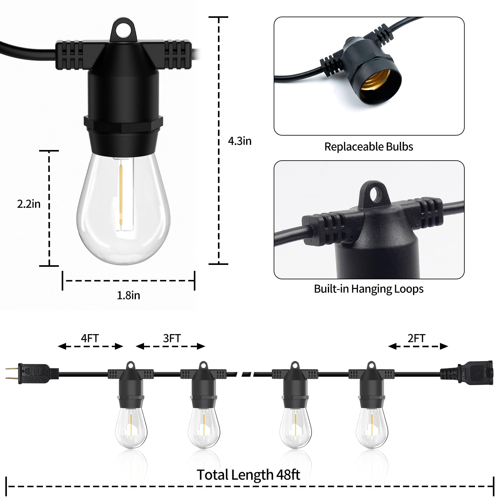 Alitade S14 Led Outdoor String Lights, Ip65 Waterproof 48Ft Outside Patio Lights, Edison Shatterproof Bulb Vintage Backyard Ligh