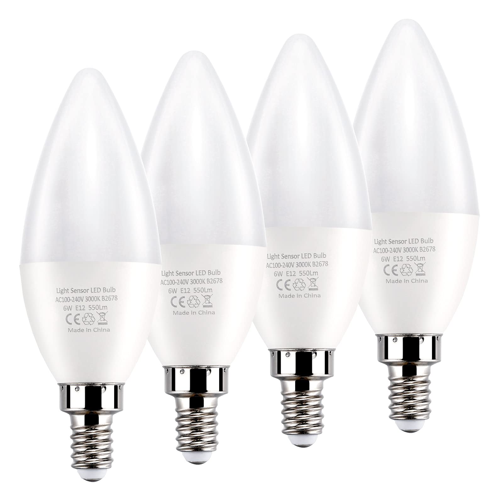 LEKE Dusk to Dawn E12 Light Sensor Bulbs, 3000K Equivalent, 60W, Warm White, 4 Count, Candelabra LED Bulbs