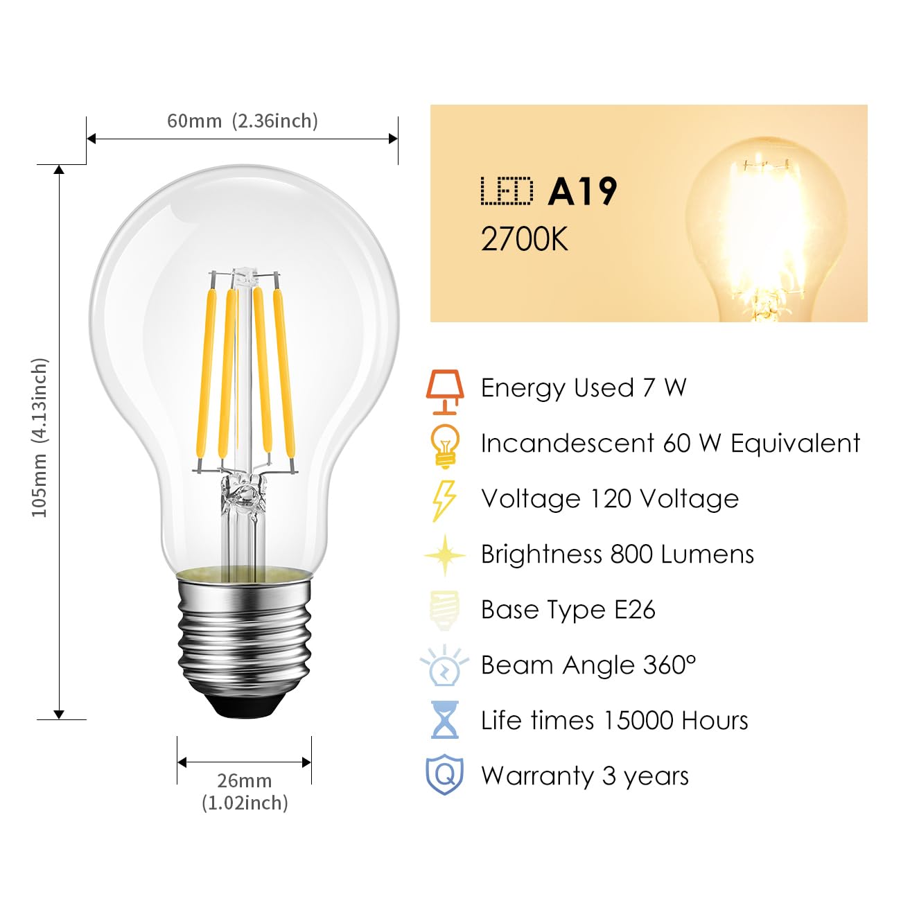 LVWIT A19 LED Filament Bulb Dimmable 7W (60W Equivalent) 2700K Warm White 800 Lumens E26 Base 12 Count Transparent Glass