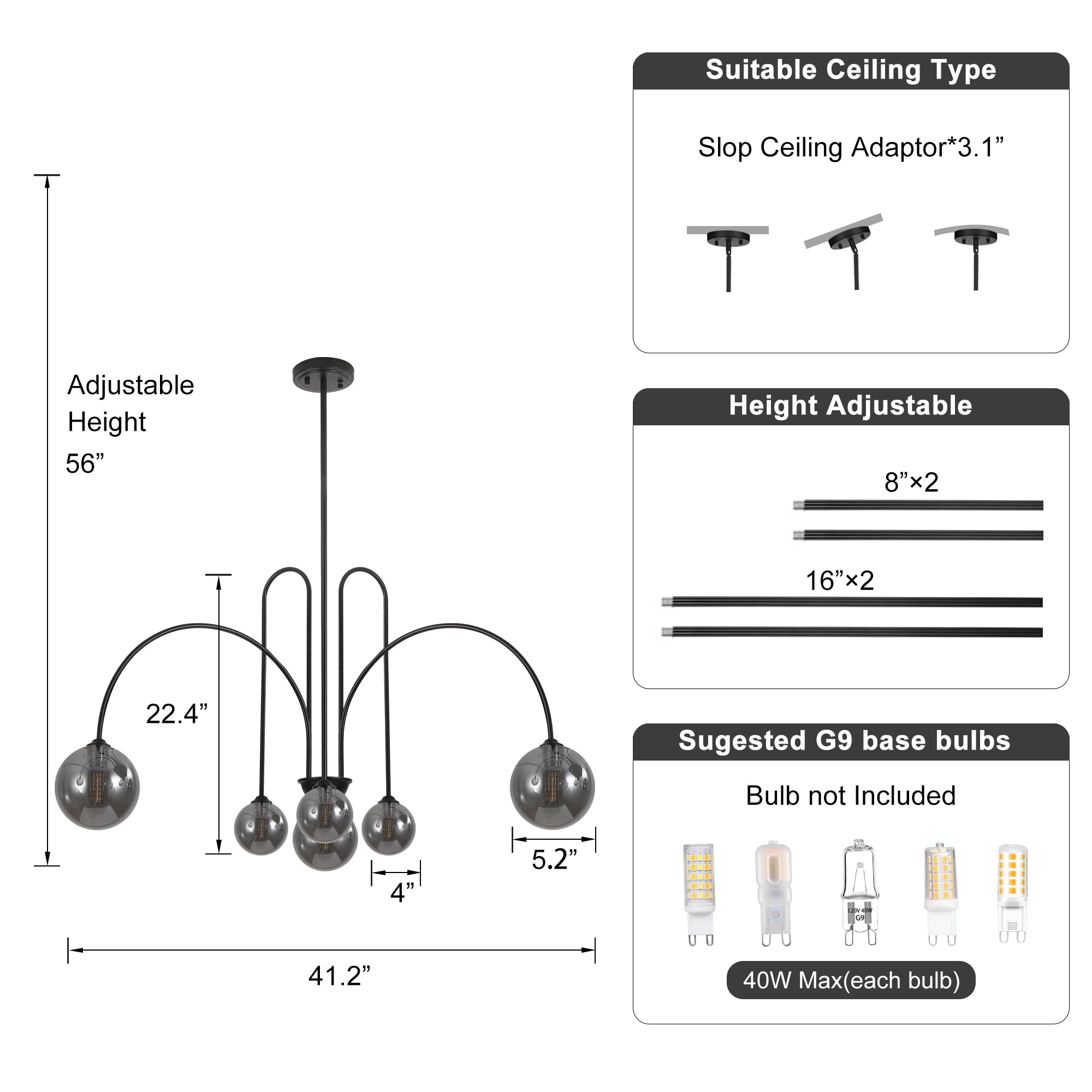 Black Sputnik Chandelier,6 Lights Mid Century Chandelier For Dining Room Light Fixtures Over Table Large, Large L49    Ceiling P