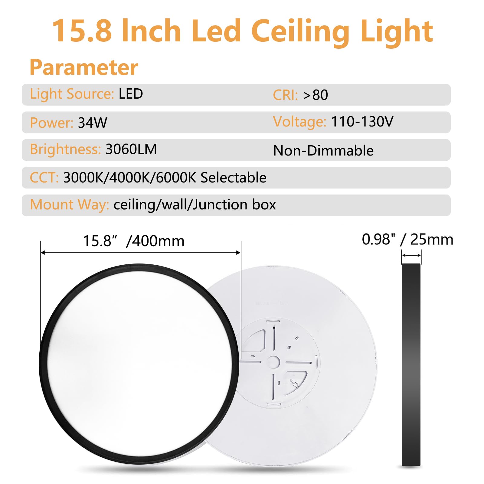 Offiy 6Pk 15.8 Inch Led Ceiling Light Flush Mount, 34W, 3060Lm, 3000K/4000K/6000K Cct Selectable Super Slim Led Ceiling Light, C