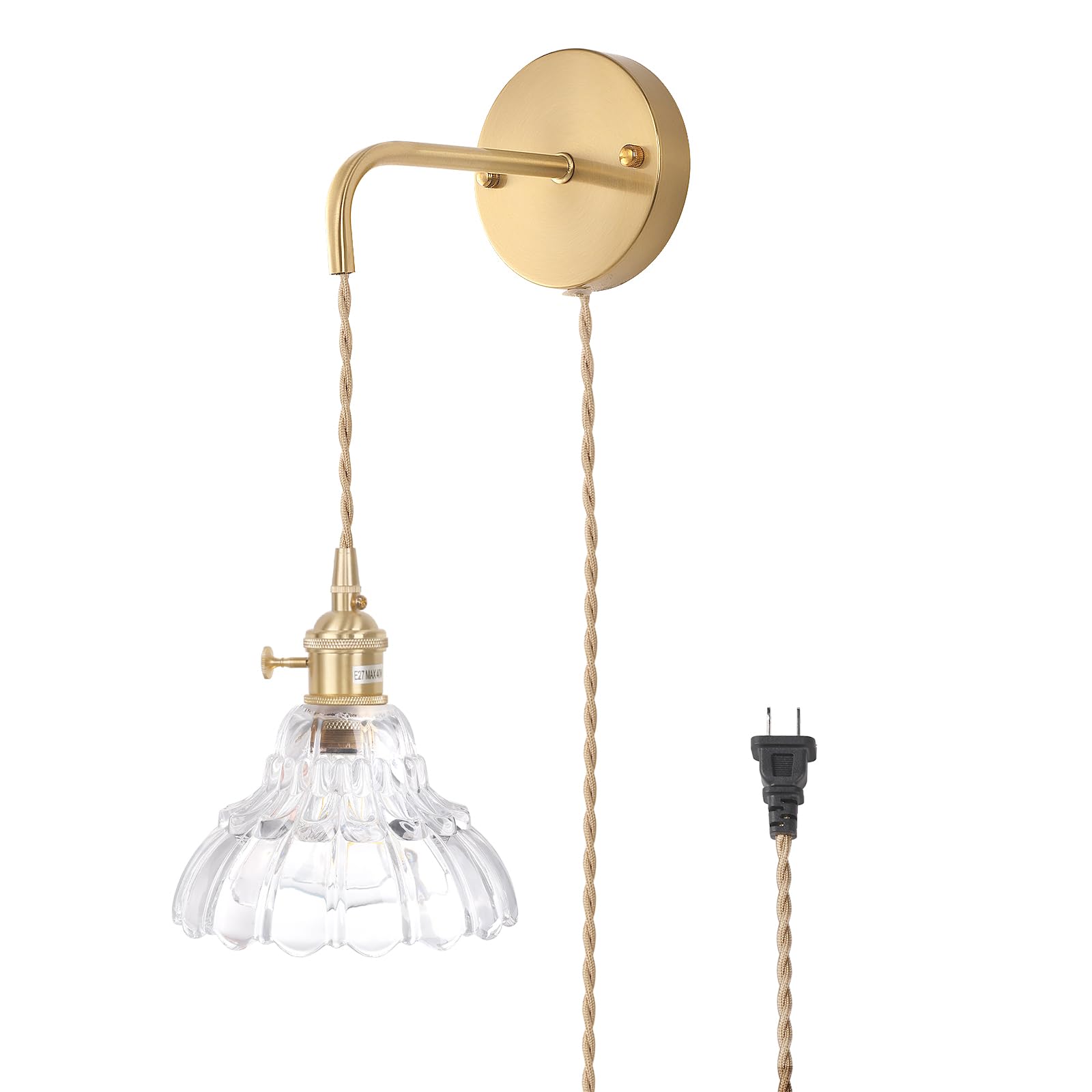 Shenmoyl Vintage Wall Sconce - Brass, Lily of the Valley-Clear Glass Shade, Plug in 4.9FT Cord, Model 1-9391