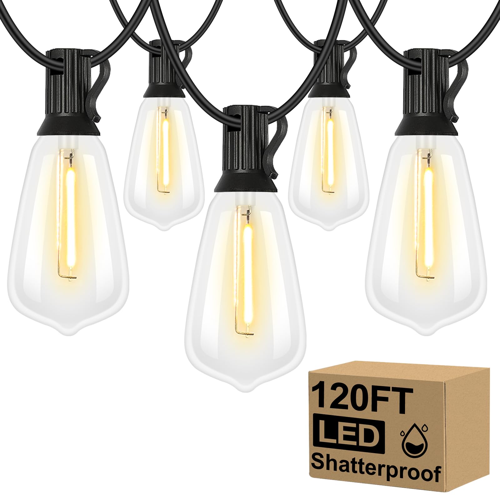Brightever 120FT Outdoor String Lights Waterproof, 2700K Bright LED Patio Lights with 62 ST38 Shatterproof Vintage Bulbs, Retro 