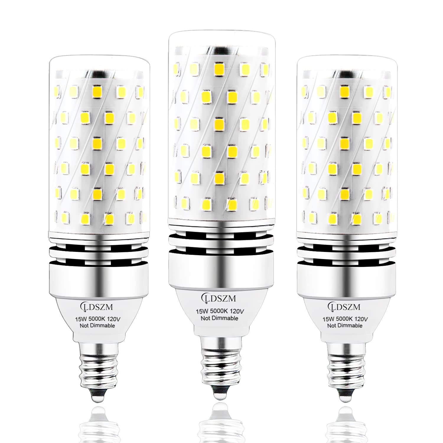 LDSZM E12 LED Bulbs, 15W Candelabra, 1200lm, Daylight White 5000K, Pack of 3, Aluminum