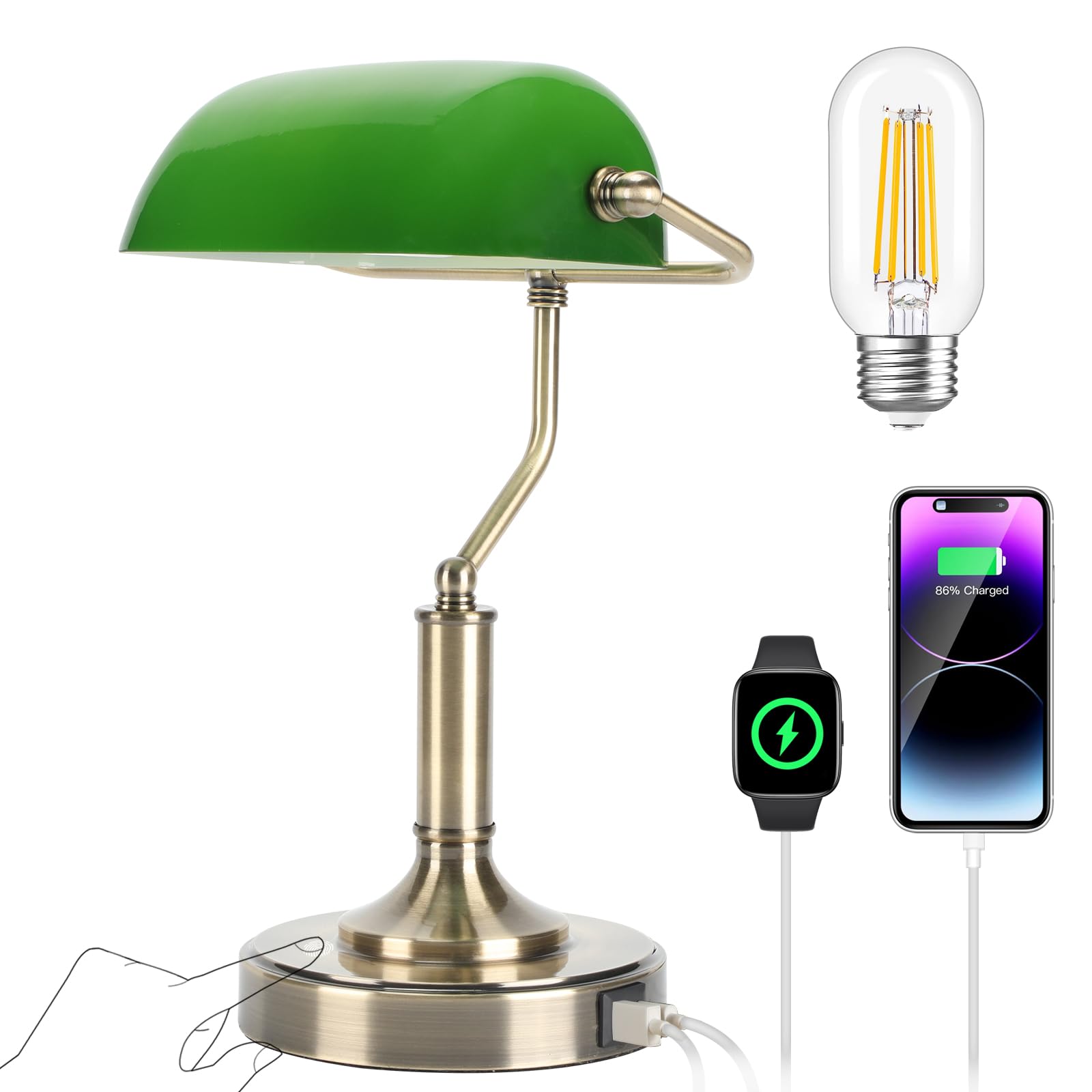 LINNMON Bankers Lamp, Green Desk Lamp with Touch Control Switch, Retro Lamp with USB and Type C Charging Ports, Vintage Lamp for