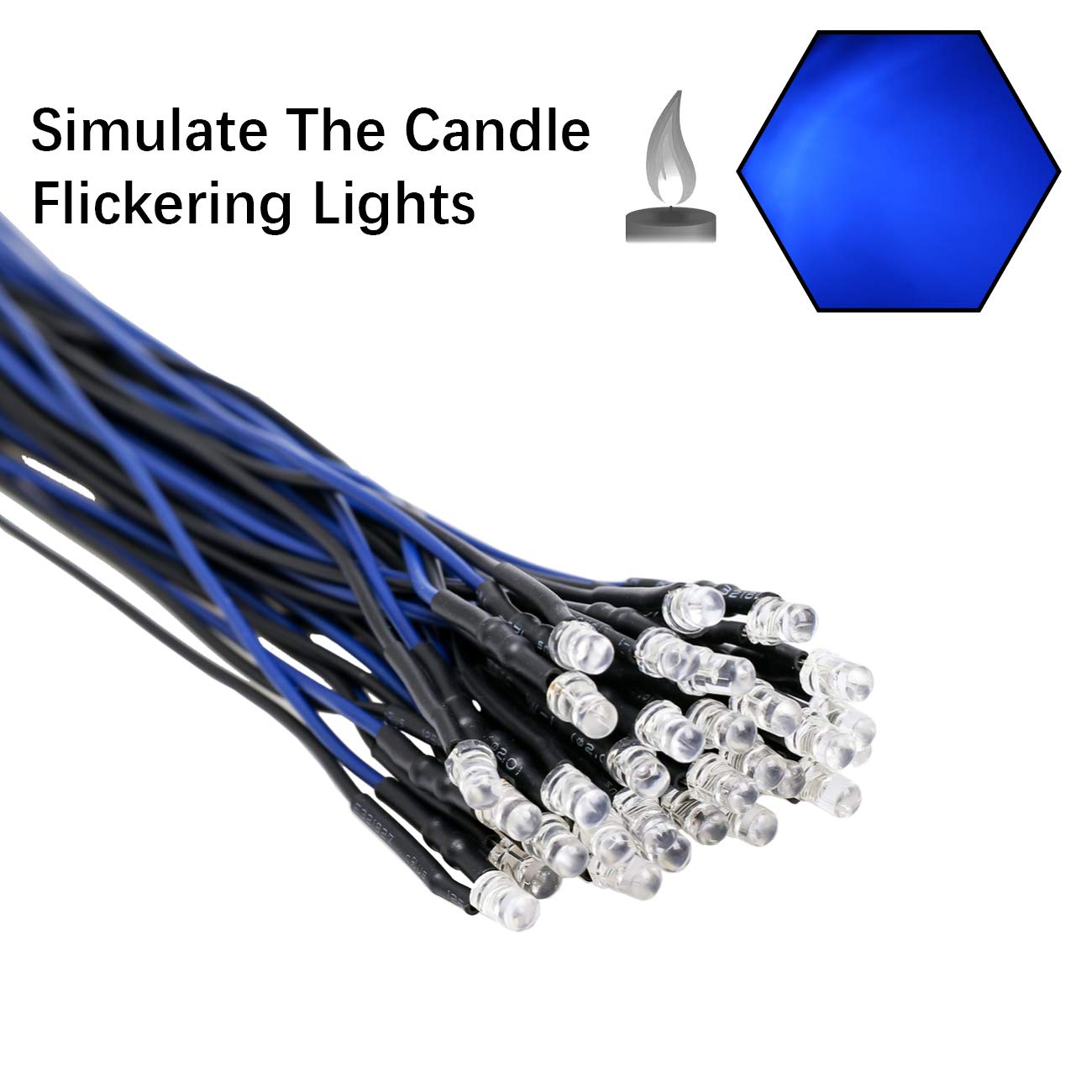 EDGELEC 30pcs 12V 3mm Blue Flicker LED Lights, Pre-Wired, Clear Lens, PW-DIP LED, Candle Flickering Effect