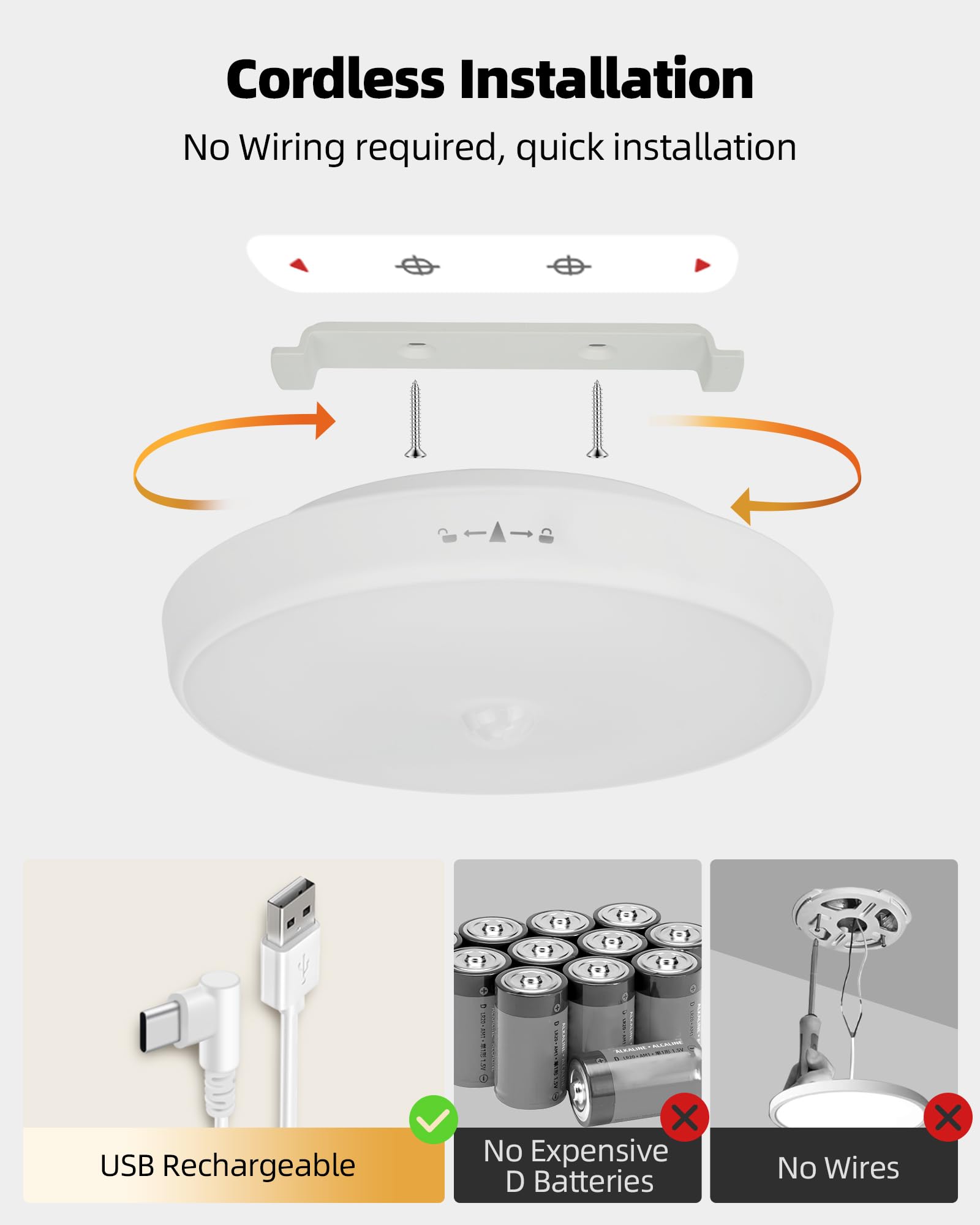 Ezvalo Rechargeable Ceiling Light Motion Sensored, 10000Mah Wireless Ceiling Light, 400Lm Battery Operated Ceiling Lights With R