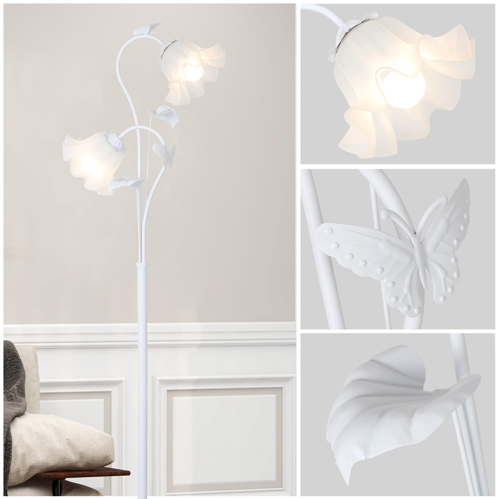 Hmvpl White Flower Standing Lamp, Floral Tall Lamp With 2 Led 5W Blubs, Foot Switch, Modern Corner Floor Lamp With Acrylic Shade