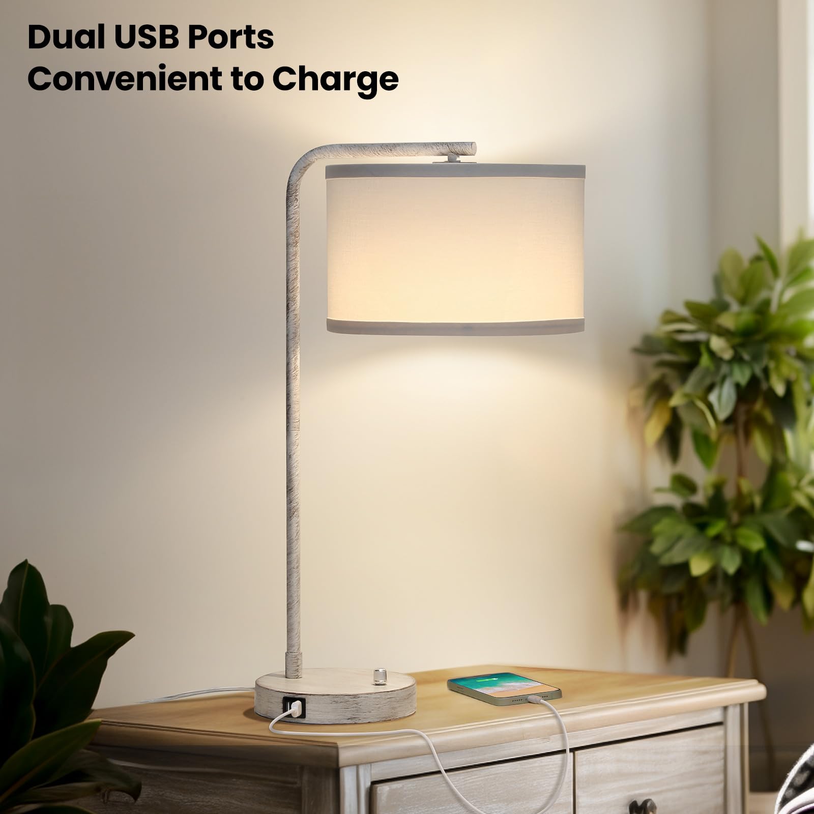 Table Lamp With Dual Usb Charging Ports, Fully Dimmable Farmhouse Bedside Lamp, Usb Nightstand Lamp With Brushed White Oak, Tall
