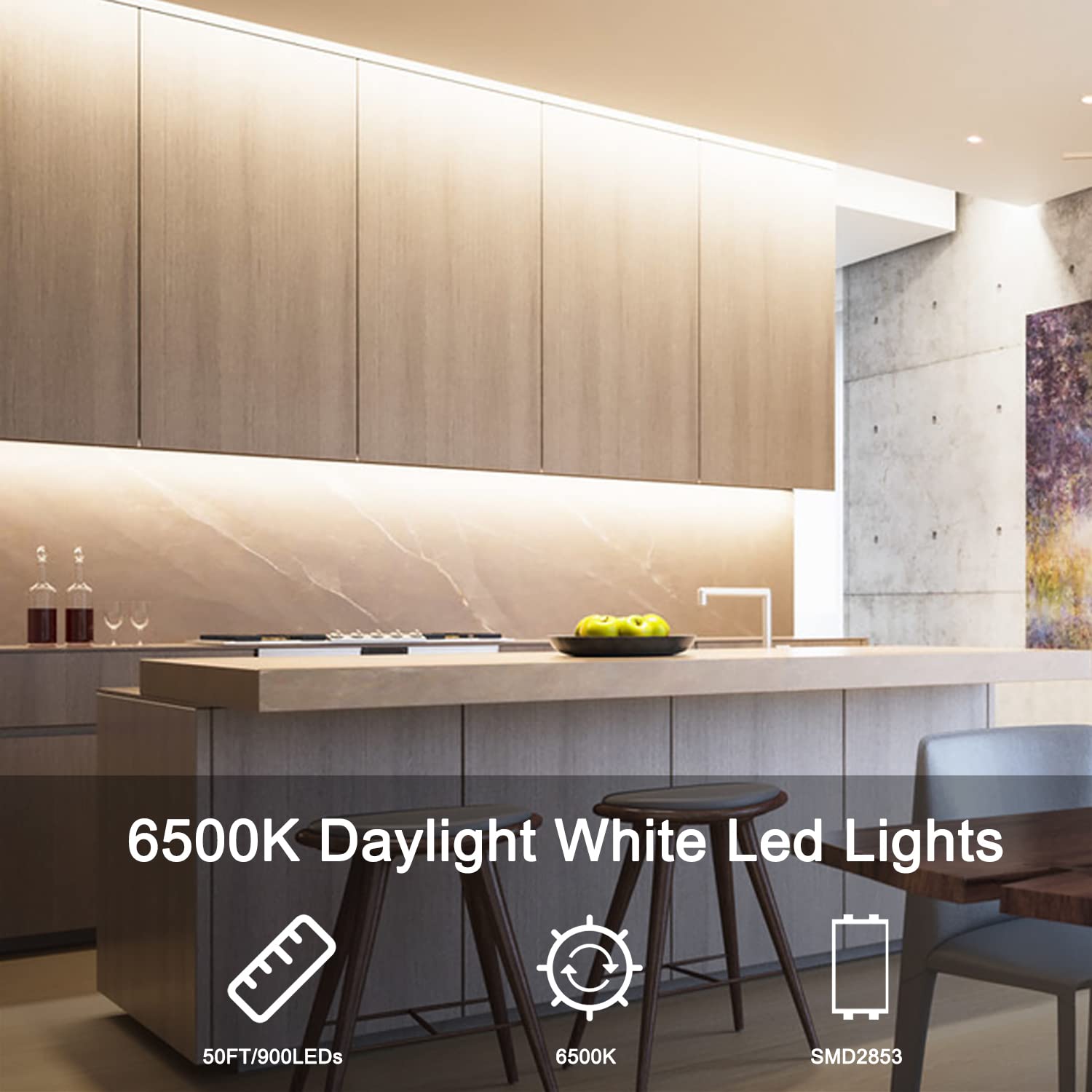 VOLIVO LED Strip Light 50ft Dimmable 6500K Bright Daylight White Flexible Tape for Mirror Kitchen Cabinets Bedroom VLSLW7502