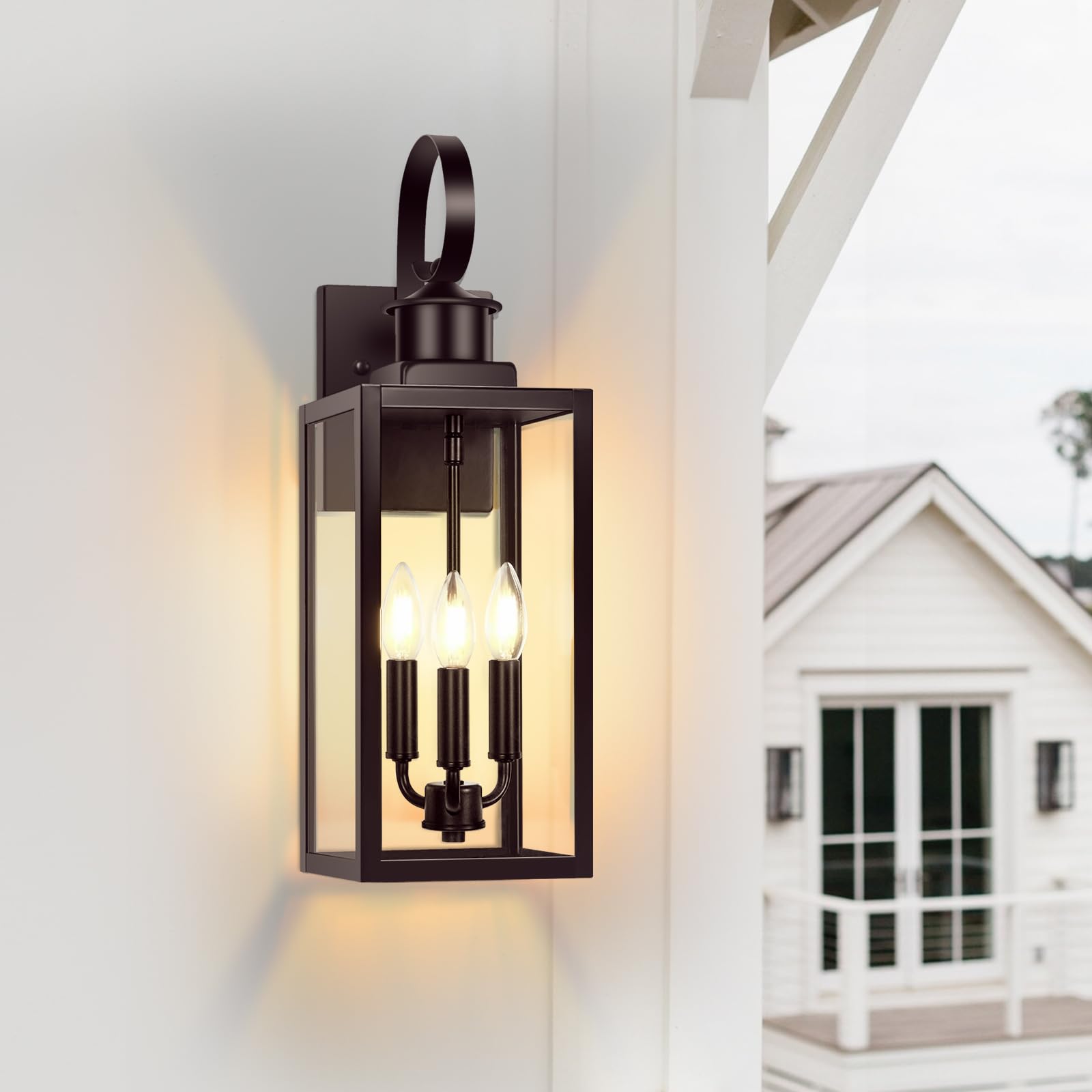 19'' Large Outdoor Wall Lights, 3-Light Brown Waterproof Exterior Wall Light Fixtures With Clear Glass Shades, Farmhouse Outdoor