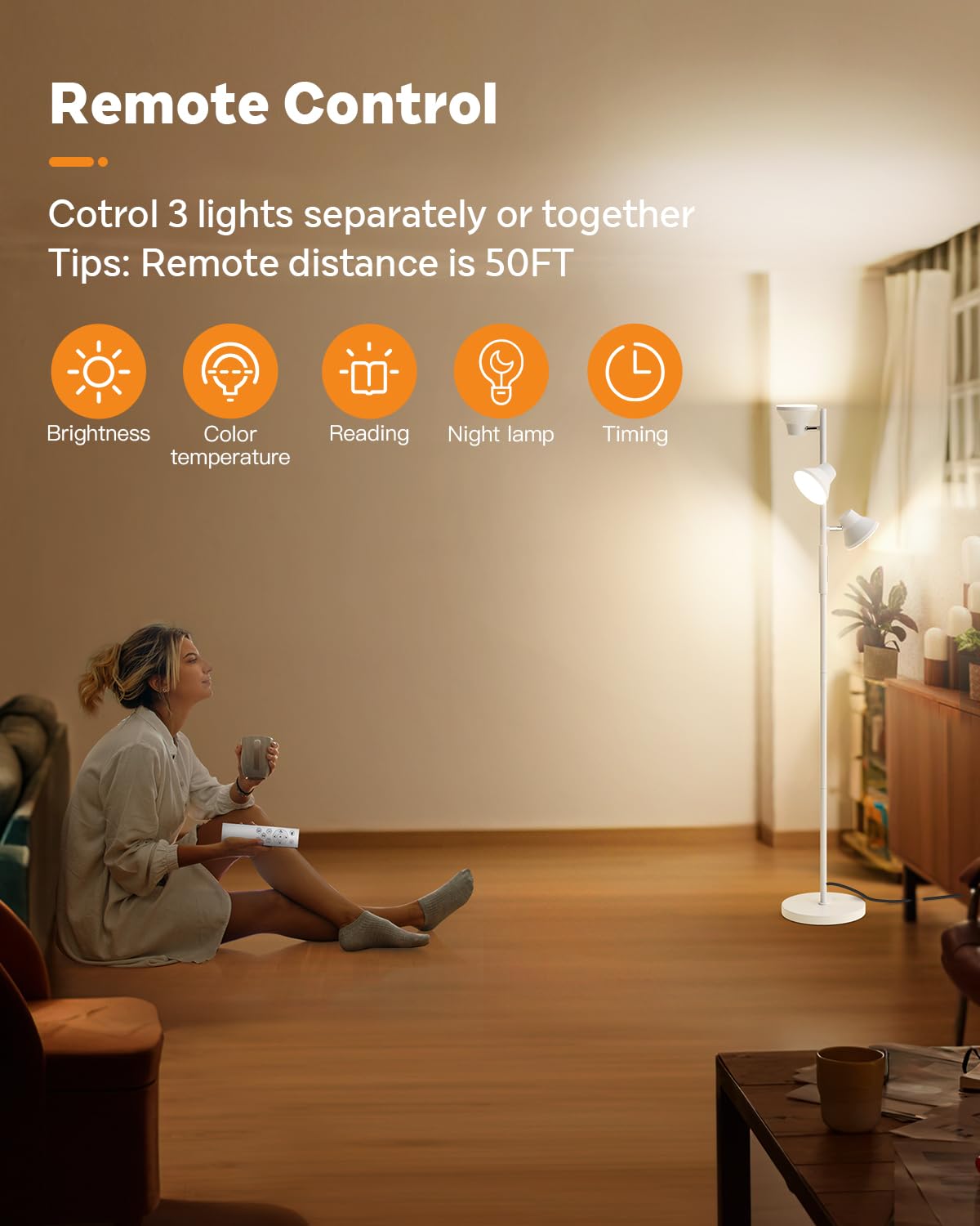 SIBRILLE 36W Dimmable White Floor Lamp, 3 Rotatable LED Lights, Touch & Remote Control, Model FLH-036-F2