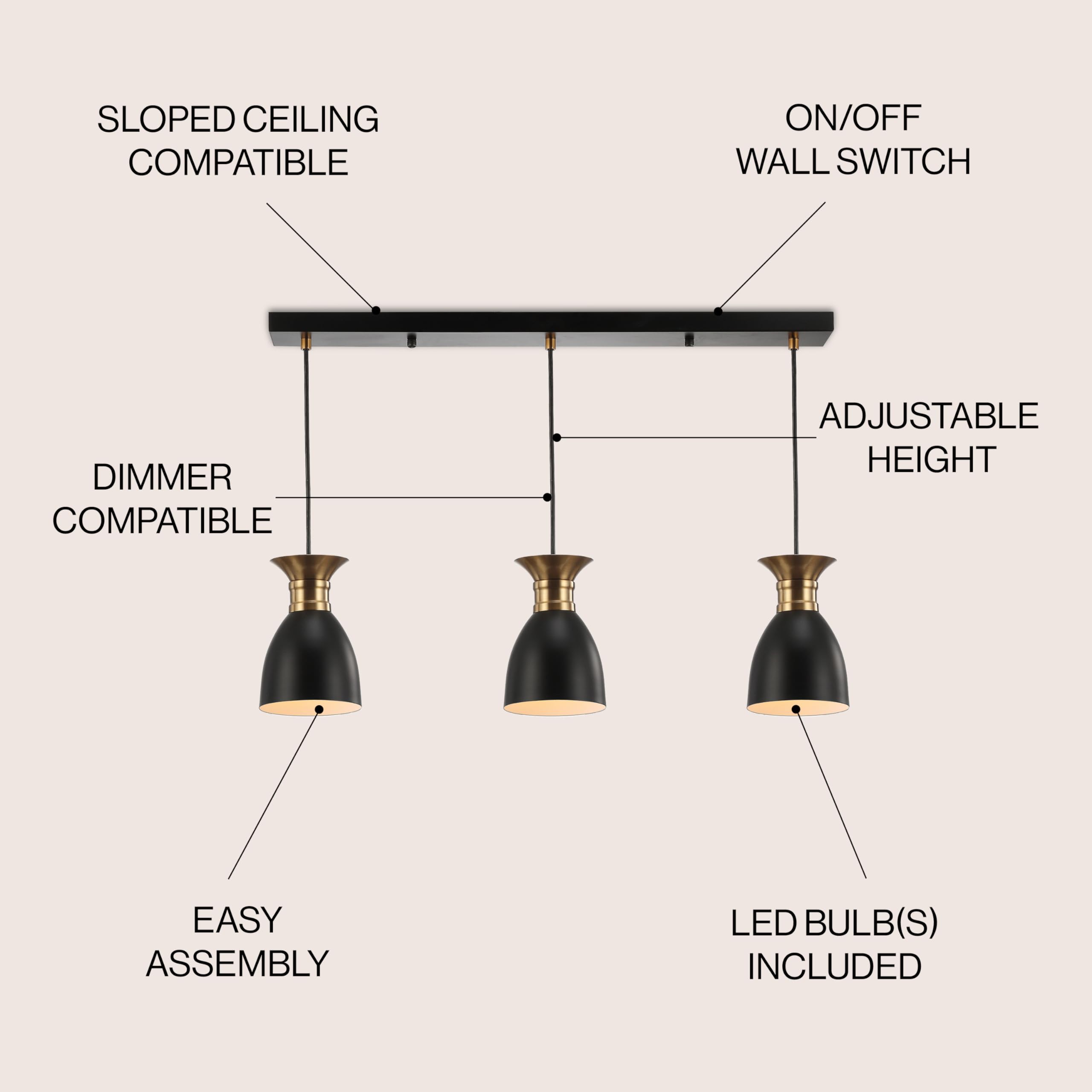 JONATHAN Y Edison 3-Light Metal Pendant Light, 33.25in, Dimmable, Black/Brass Gold, Model JYL6138A