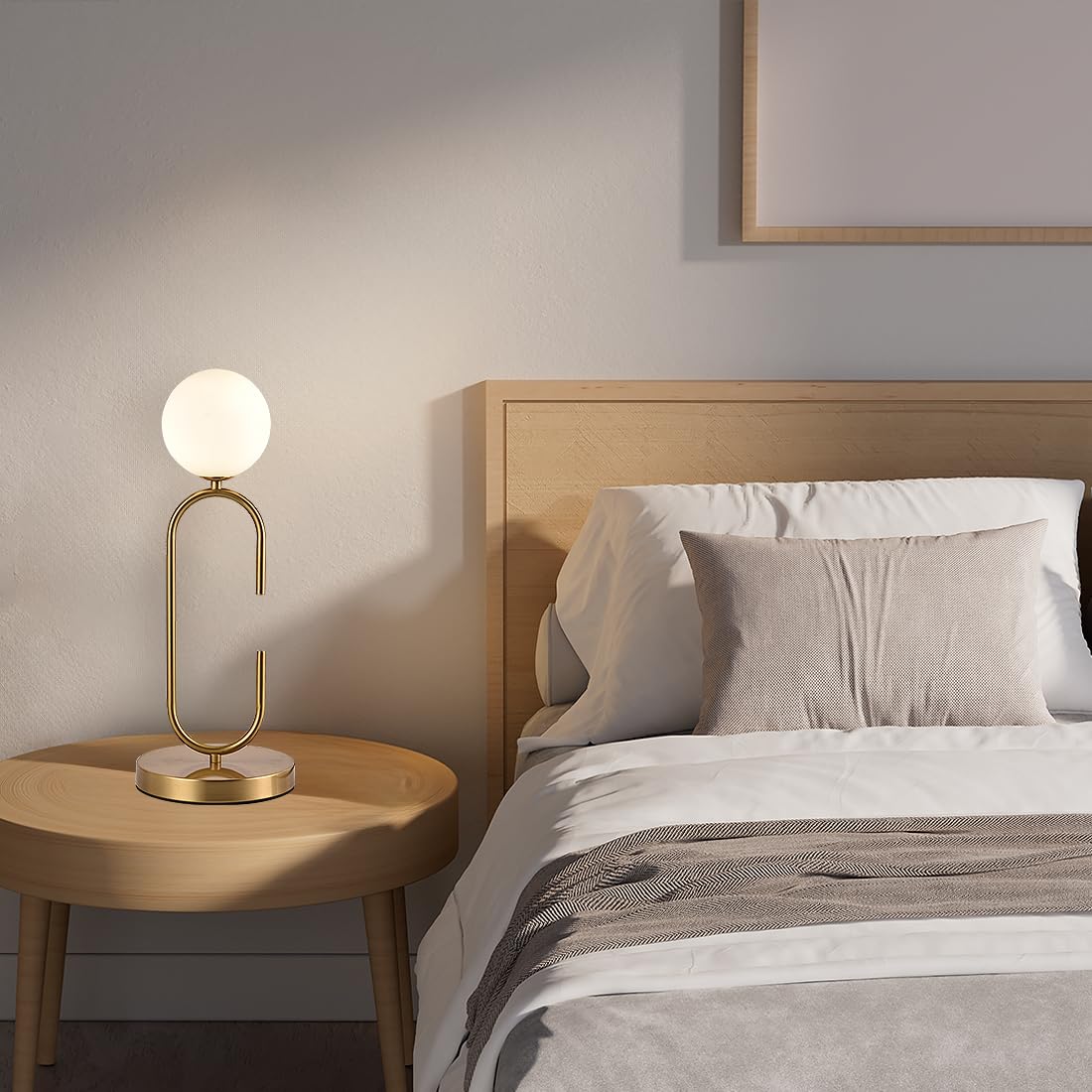 Amartiz Mid Century C-Shape Table Lamp Gold 2-Light Globe Dimmable Table Lamp With Milk White Glass Gold Nightstand Lamp For Bed